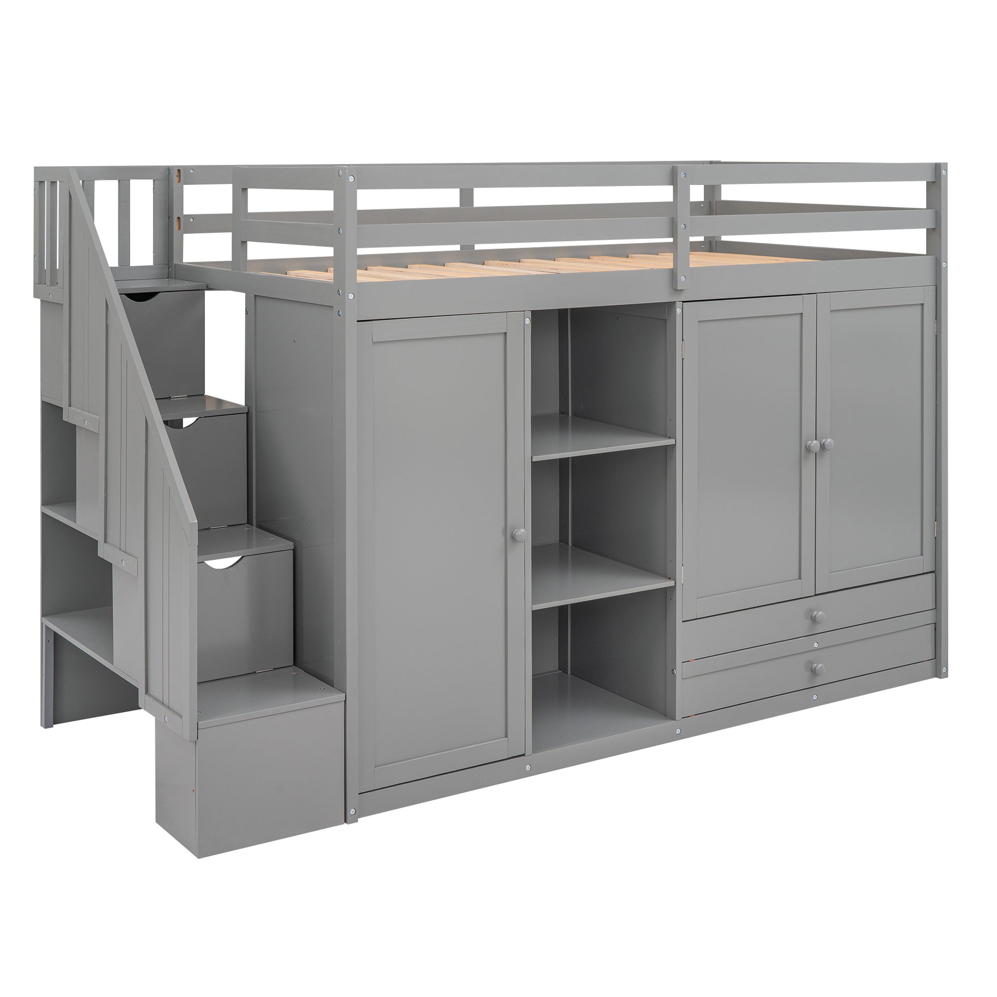 Functional Loft Bed With 3 Shelves, 2 Wardrobes And 2 Drawers, Ladder With Storage, No Box Spring Needed, Gray Gray Pine