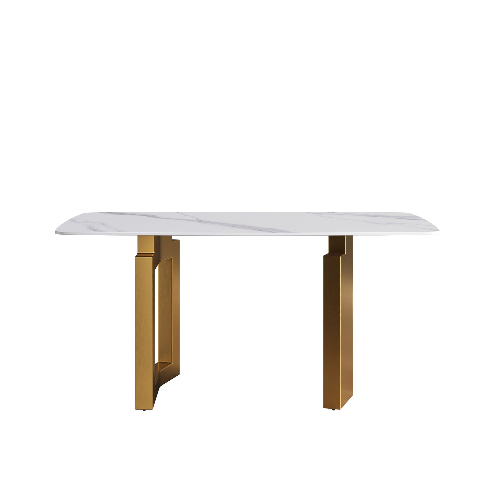 63"Modern Artificial Stone White Curved Golden Metal Leg Dining Table 6 People White Metal Sintered Stone