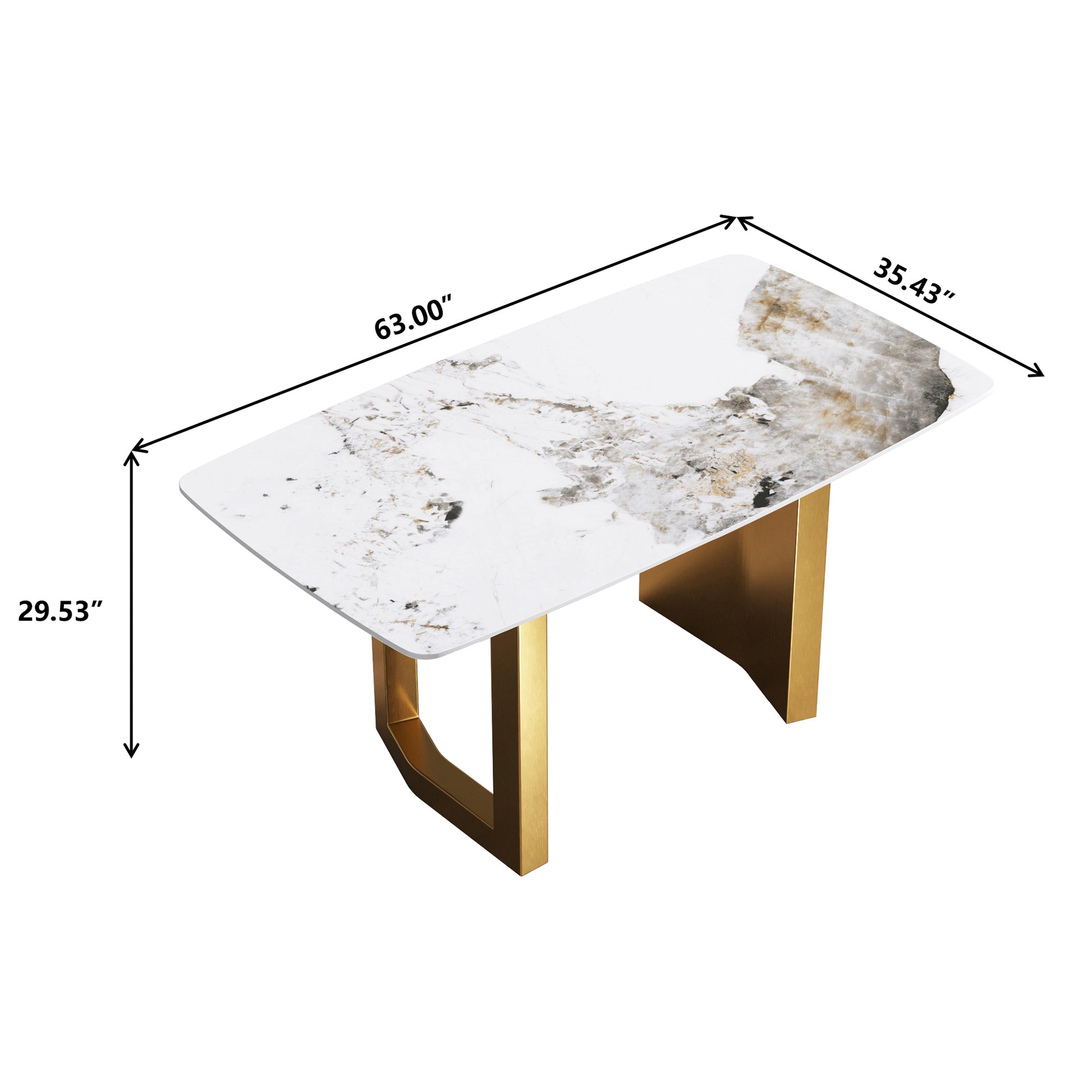 63"Modern Artificial Stone Pandora White Curved Golden Metal Leg Dining Table 6 People Antique White Metal Sintered Stone