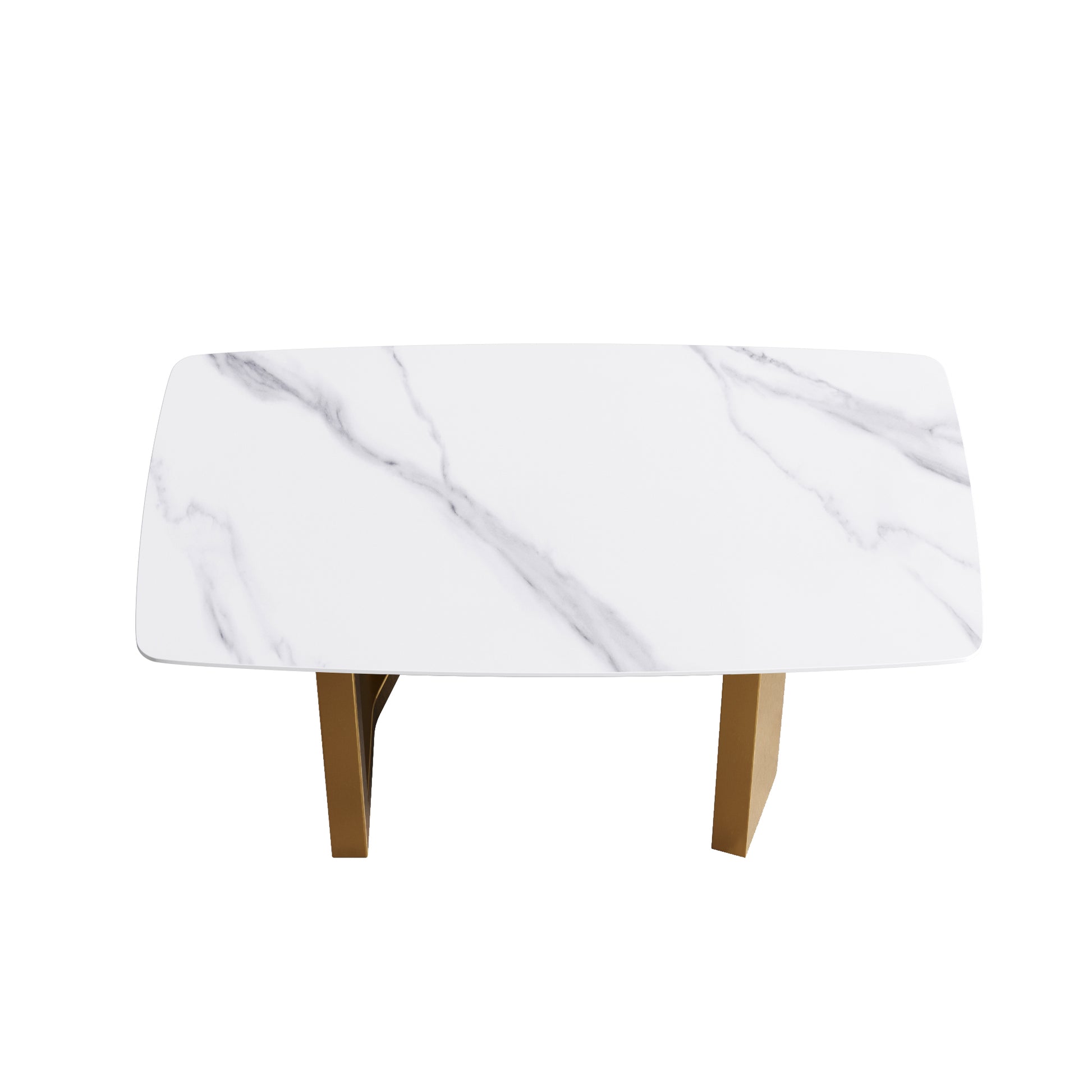 63"Modern Artificial Stone White Curved Golden Metal Leg Dining Table 6 People White Metal Sintered Stone