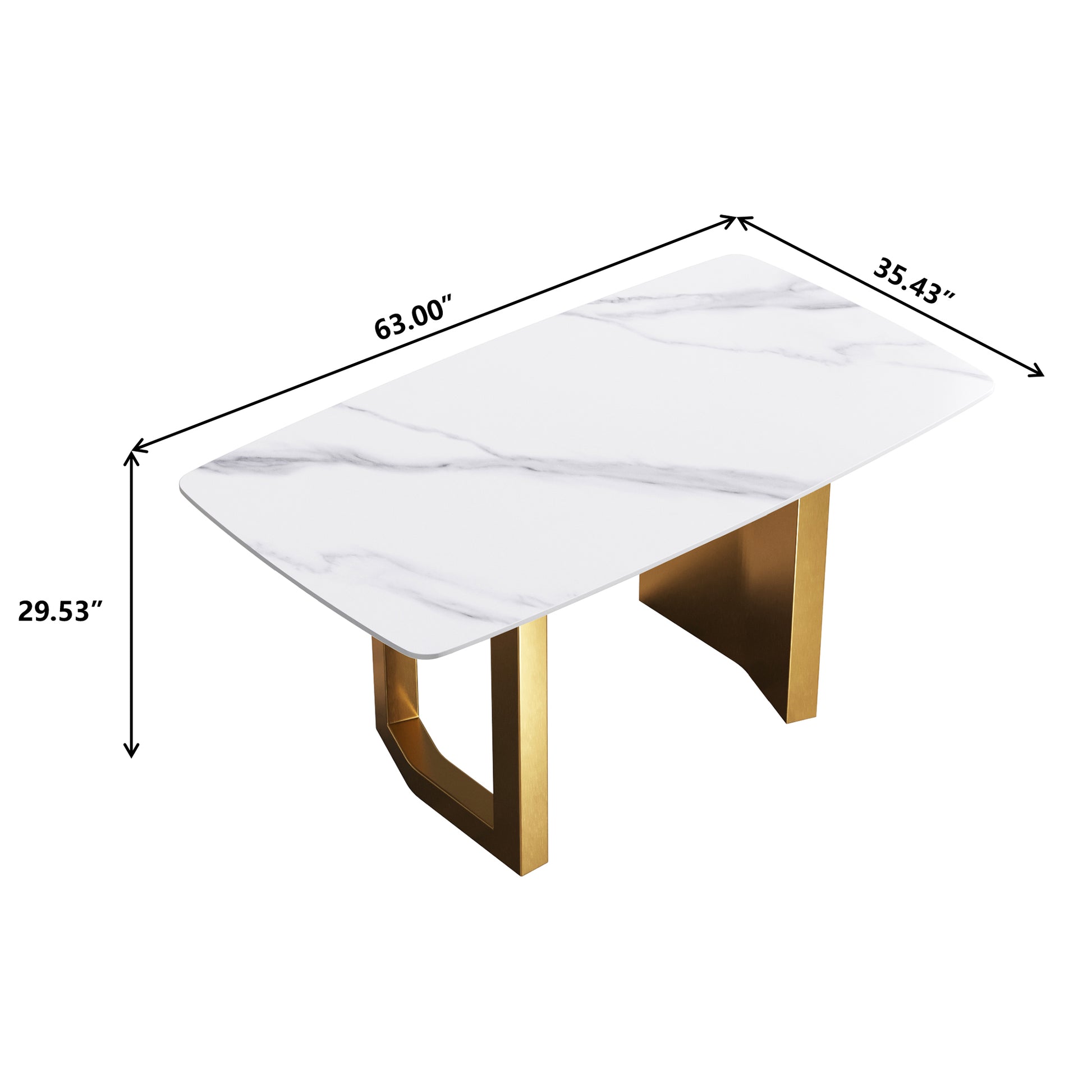 63"Modern Artificial Stone White Curved Golden Metal Leg Dining Table 6 People White Metal Sintered Stone