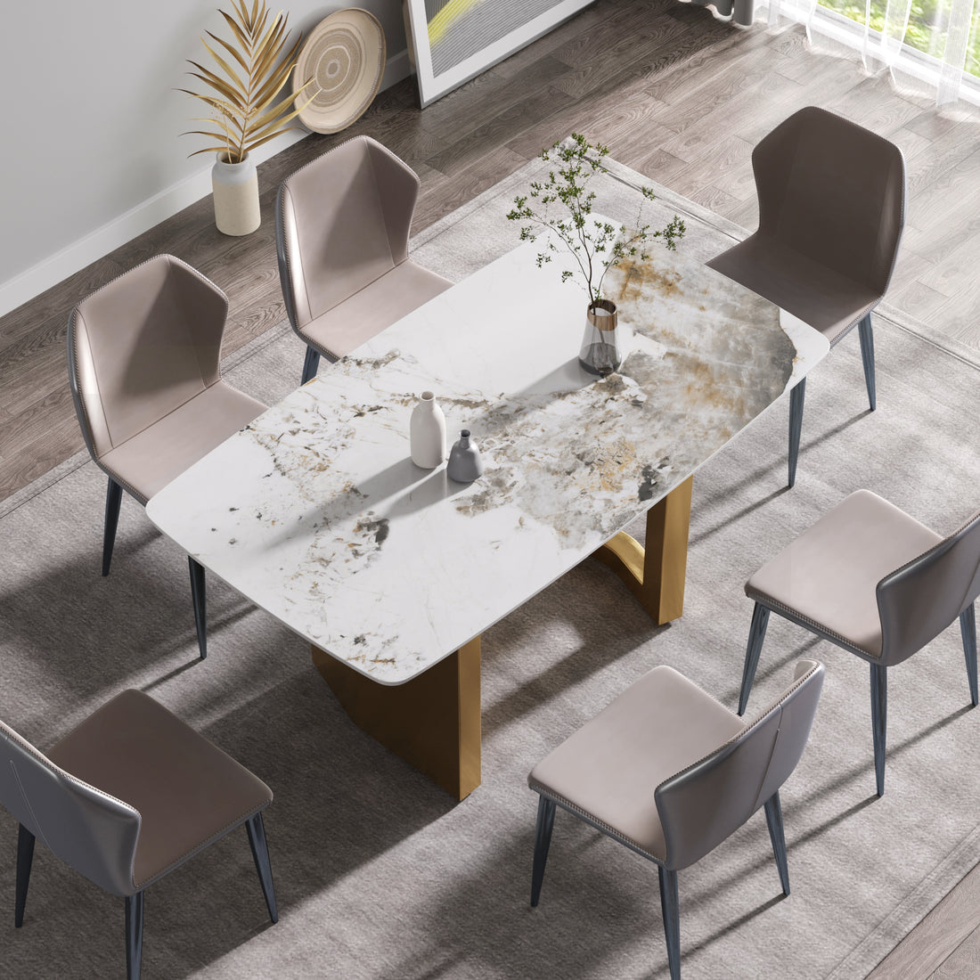 63"Modern Artificial Stone Pandora White Curved Golden Metal Leg Dining Table 6 People Antique White Metal Sintered Stone
