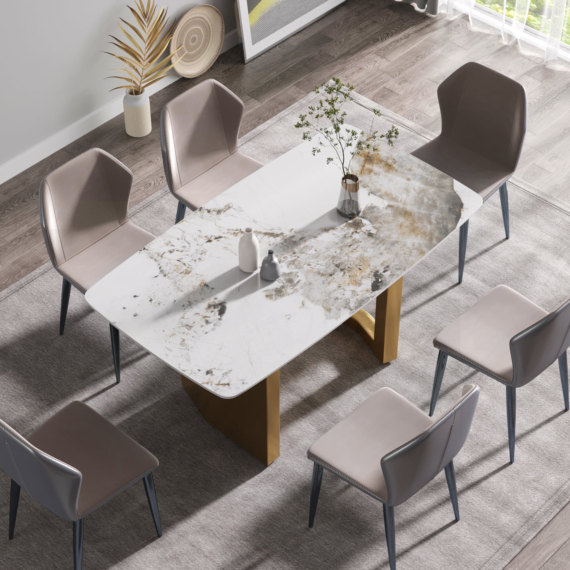 63"Modern Artificial Stone Pandora White Curved Golden Metal Leg Dining Table 6 People Antique White Metal Sintered Stone