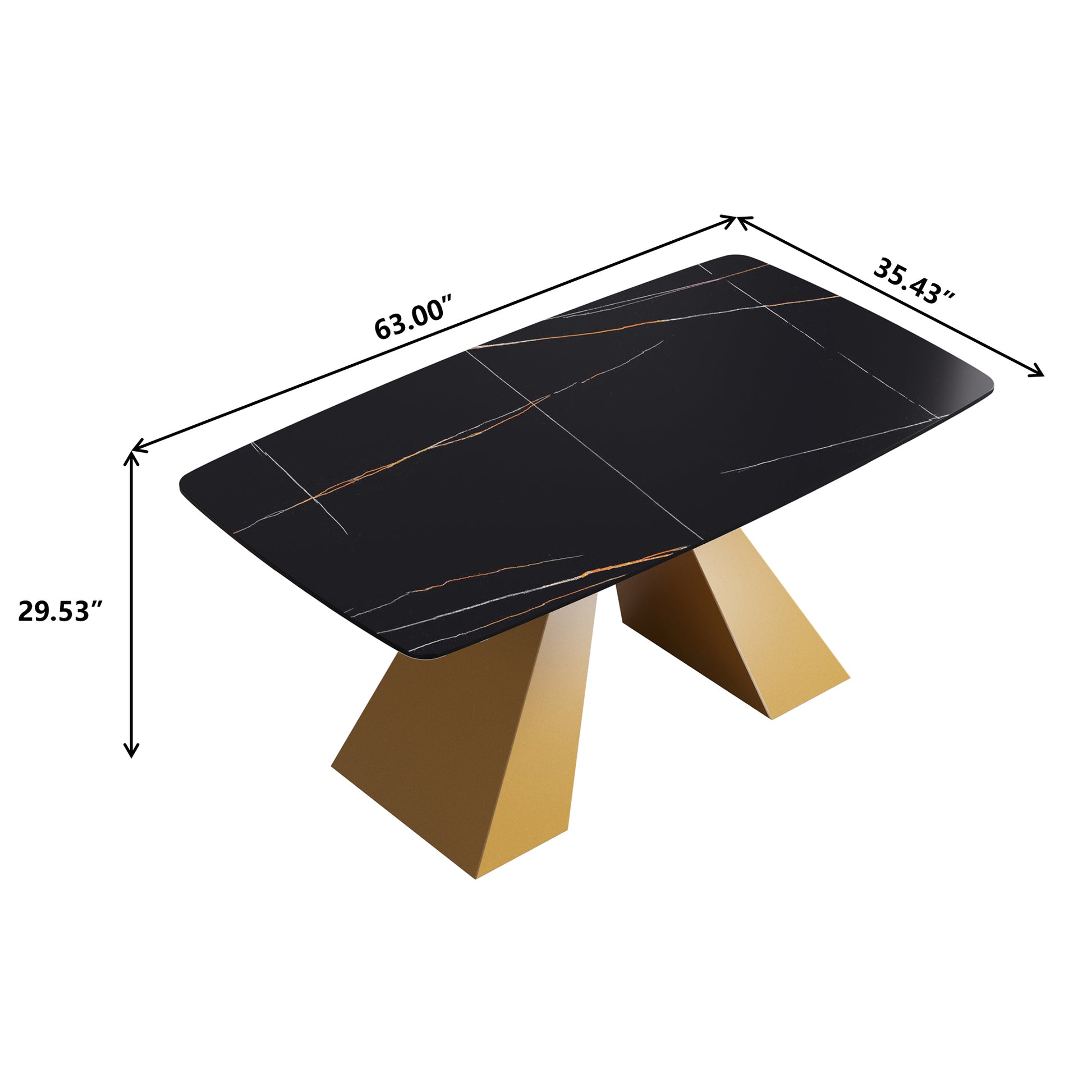 63"Modern Artificial Stone Black Curved Golden Metal Leg Dining Table 6 People Black Metal Sintered Stone