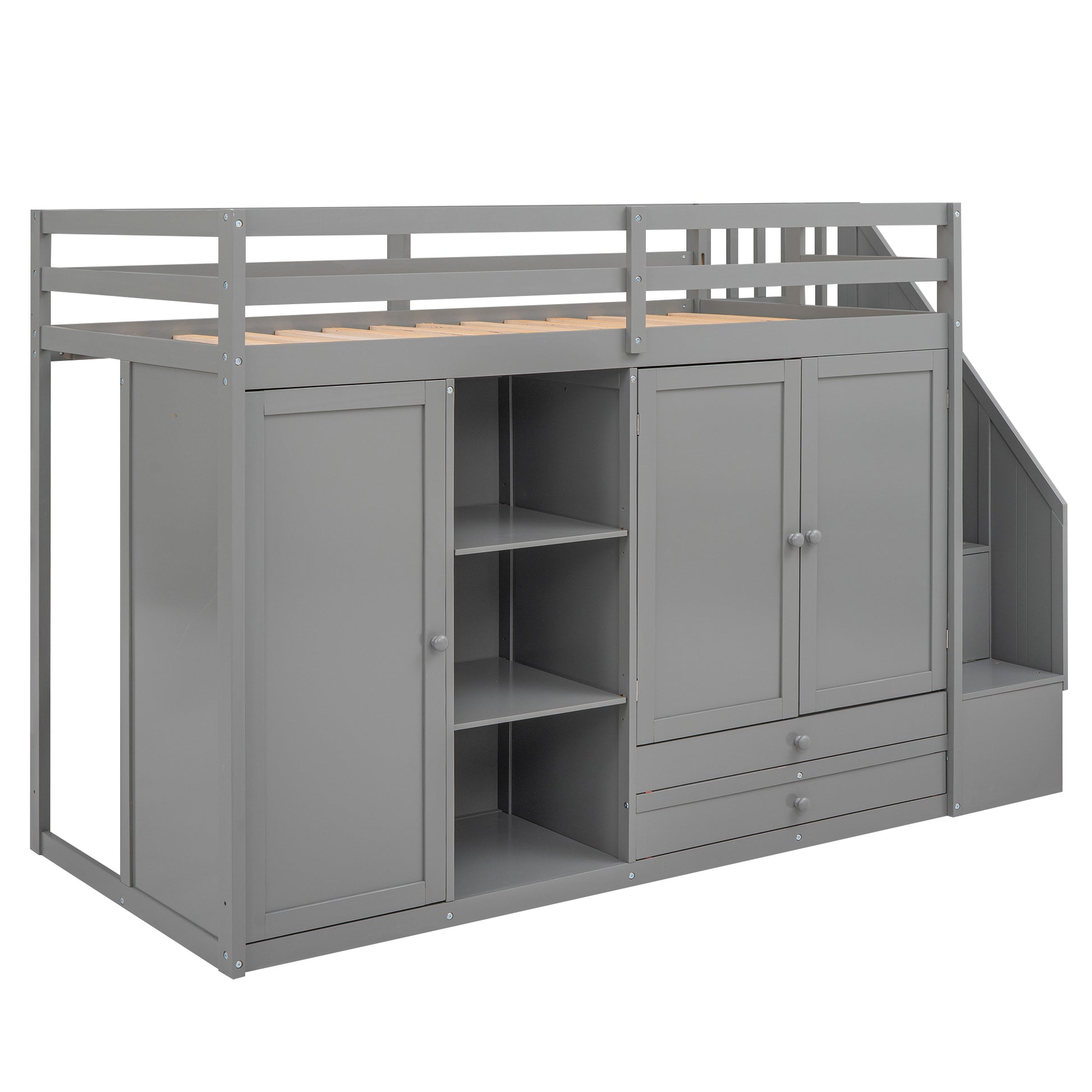Functional Loft Bed With 3 Shelves, 2 Wardrobes And 2 Drawers, Ladder With Storage, No Box Spring Needed, Gray Gray Pine