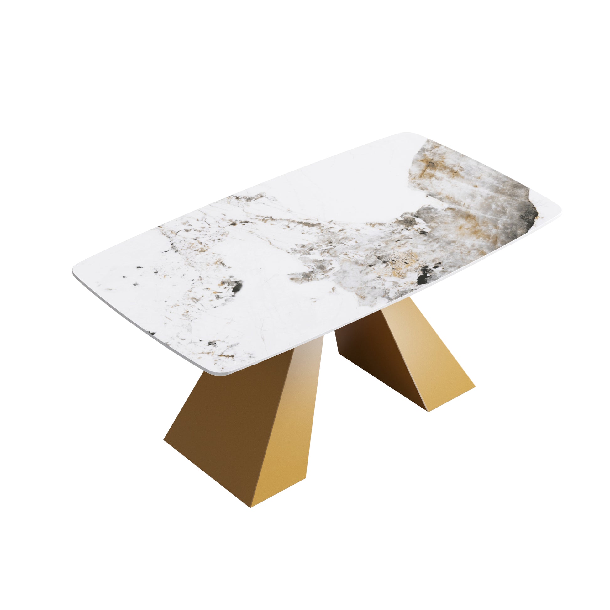 63"Modern Artificial Stone Pandora White Curved Golden Metal Leg Dining Table 6 People Antique White Metal Sintered Stone