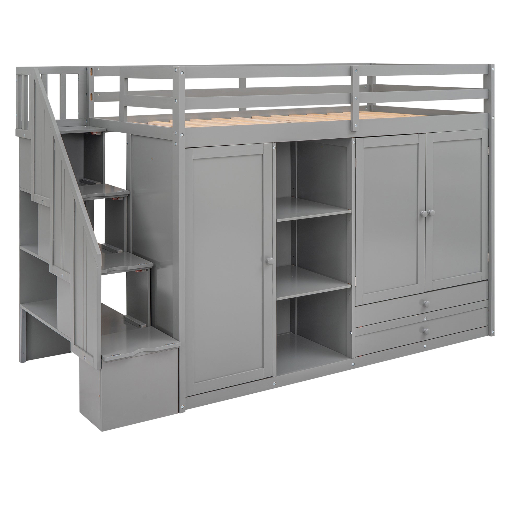 Functional Loft Bed With 3 Shelves, 2 Wardrobes And 2 Drawers, Ladder With Storage, No Box Spring Needed, Gray Gray Pine