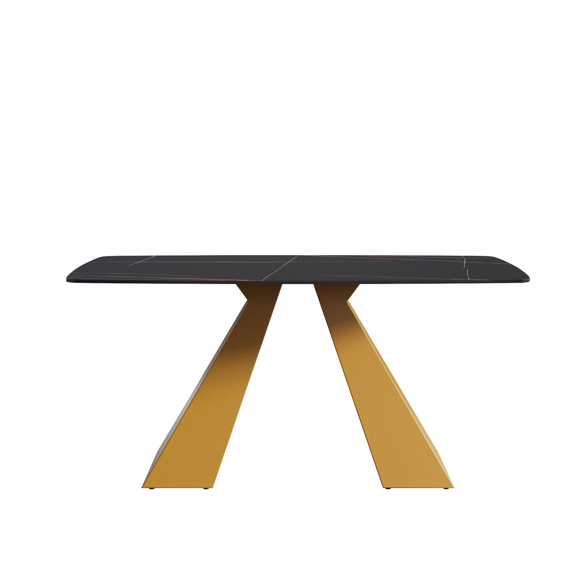 63"Modern Artificial Stone Black Curved Golden Metal Leg Dining Table 6 People Black Metal Sintered Stone