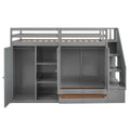 Functional Loft Bed With 3 Shelves, 2 Wardrobes And 2 Drawers, Ladder With Storage, No Box Spring Needed, Gray Gray Pine