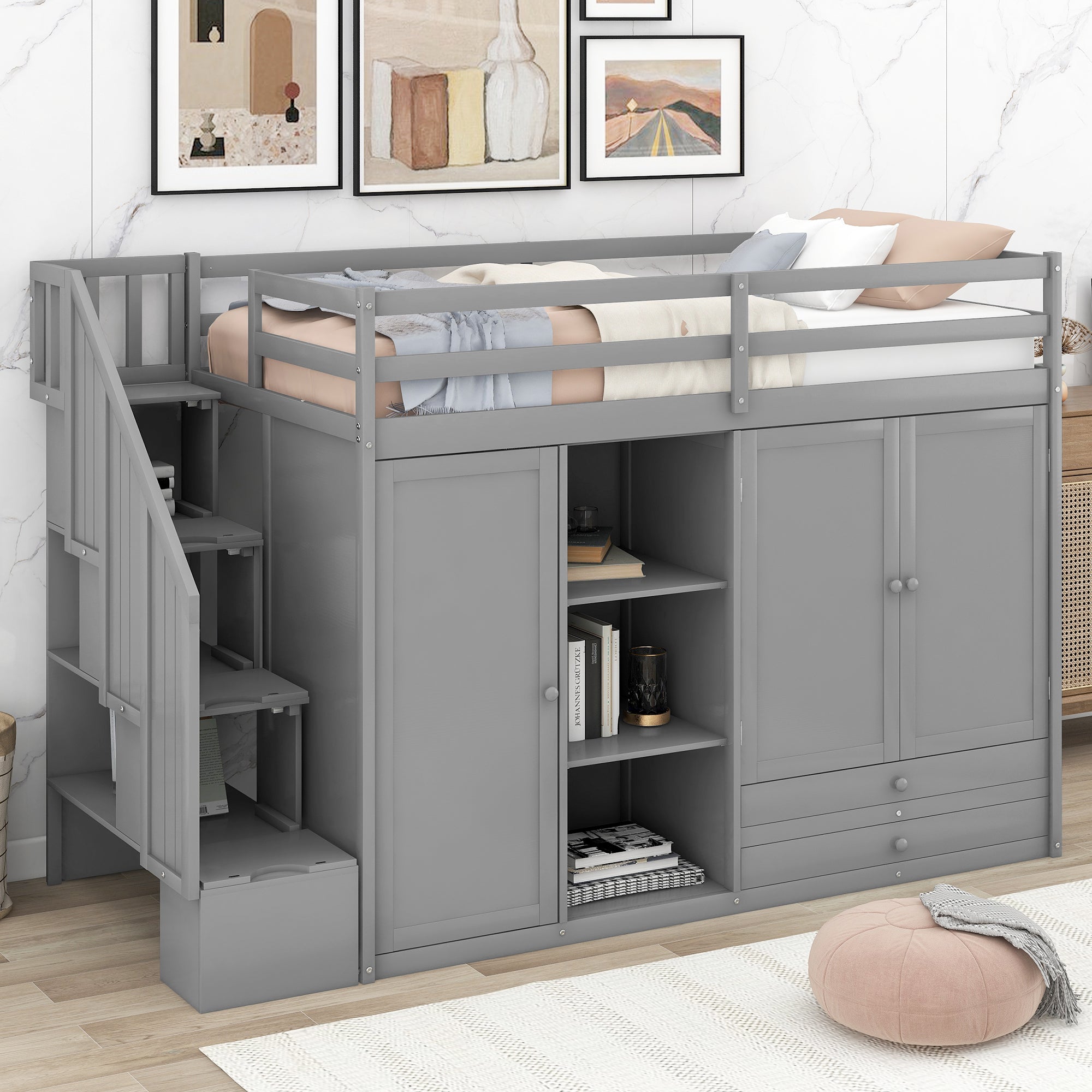 Functional Loft Bed With 3 Shelves, 2 Wardrobes And 2 Drawers, Ladder With Storage, No Box Spring Needed, Gray Gray Pine