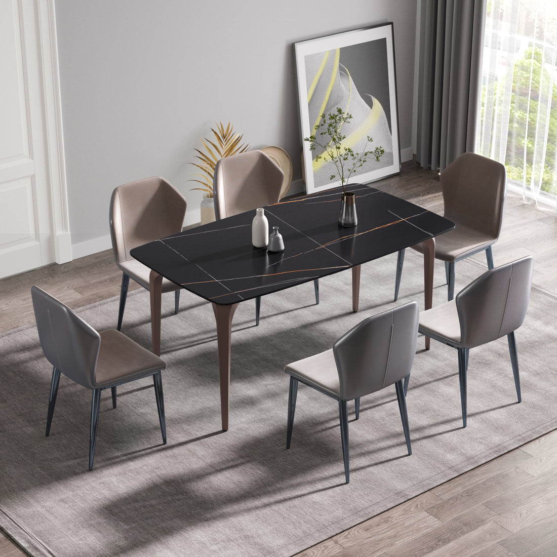 63"Modern Artificial Stone Black Curved Metal Leg Dining Table 6 People Black Metal Sintered Stone
