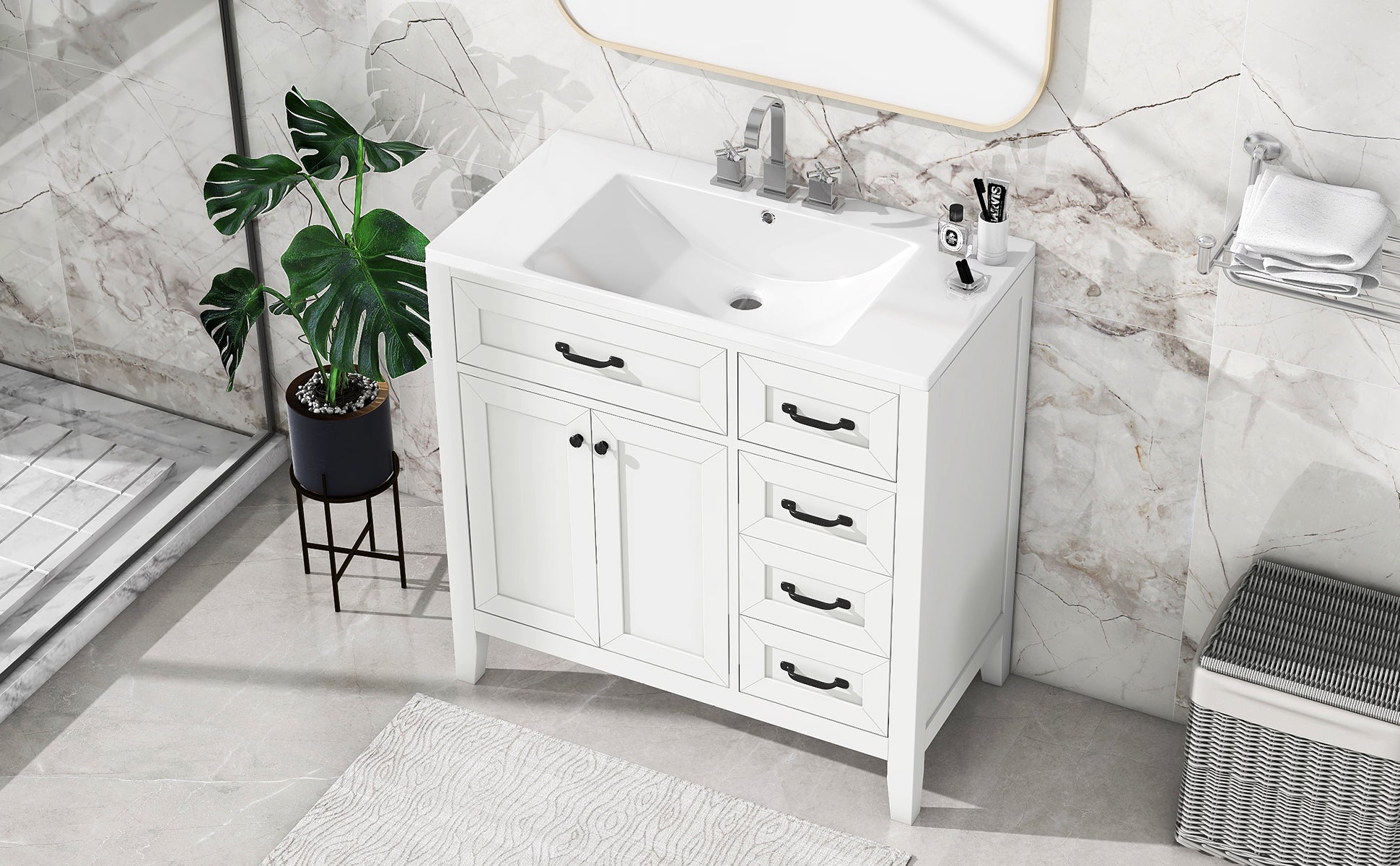 36" Bathroom Vanity With Sink Combo, White Bathroom Cabinet With Drawers, Solid Frame And Mdf Board Old Sku:Jl000007Aak White Solid Wood Mdf