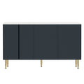 Modern Sideboard Mdf Buffet Cabinet Marble Sticker Tabletop And Amber Yellow Tempered Glass Doors With Gold Metal Legs & Handles Navy Blue Navy Blue Mdf Glass