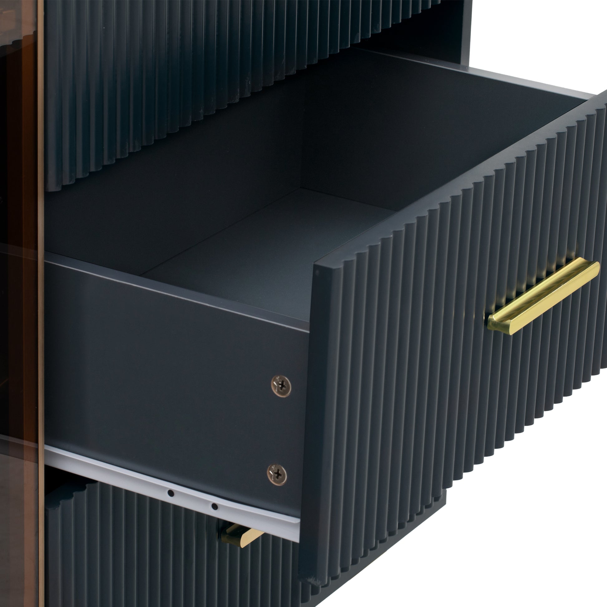 Modern Sideboard Mdf Buffet Cabinet Marble Sticker Tabletop And Amber Yellow Tempered Glass Doors With Gold Metal Legs & Handles Navy Blue Navy Blue Mdf Glass