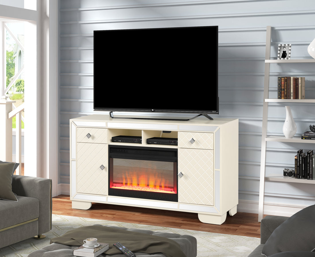 Madison Tv Stand With Electric Fireplace In Beige Electric Beige Primary Living Space Contemporary,Modern Yes Solid Wood Mdf Wood Electric