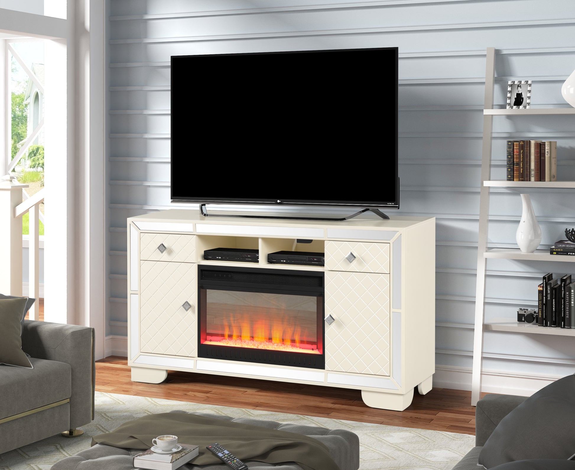 Madison Tv Stand With Electric Fireplace In Beige Electric Beige Primary Living Space Contemporary,Modern Yes Solid Wood Mdf Wood Electric