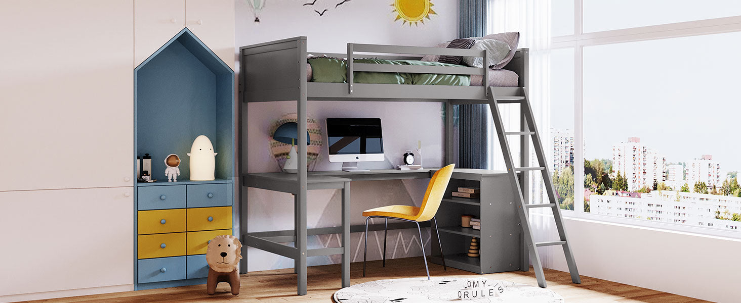 Twin Size Loft Bed With Shelves And Desk, Wooden Loft Bed With Desk Gray Old Sku:Lt000537Aae Twin Gray Solid Wood