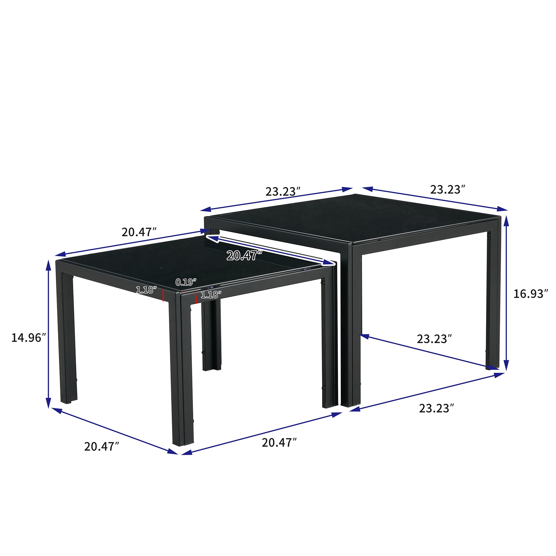 Nesting Coffee Table Set Of 2, Square Modern Stacking Table With Tempered Glass Finish For Living Room,Black Black Glass