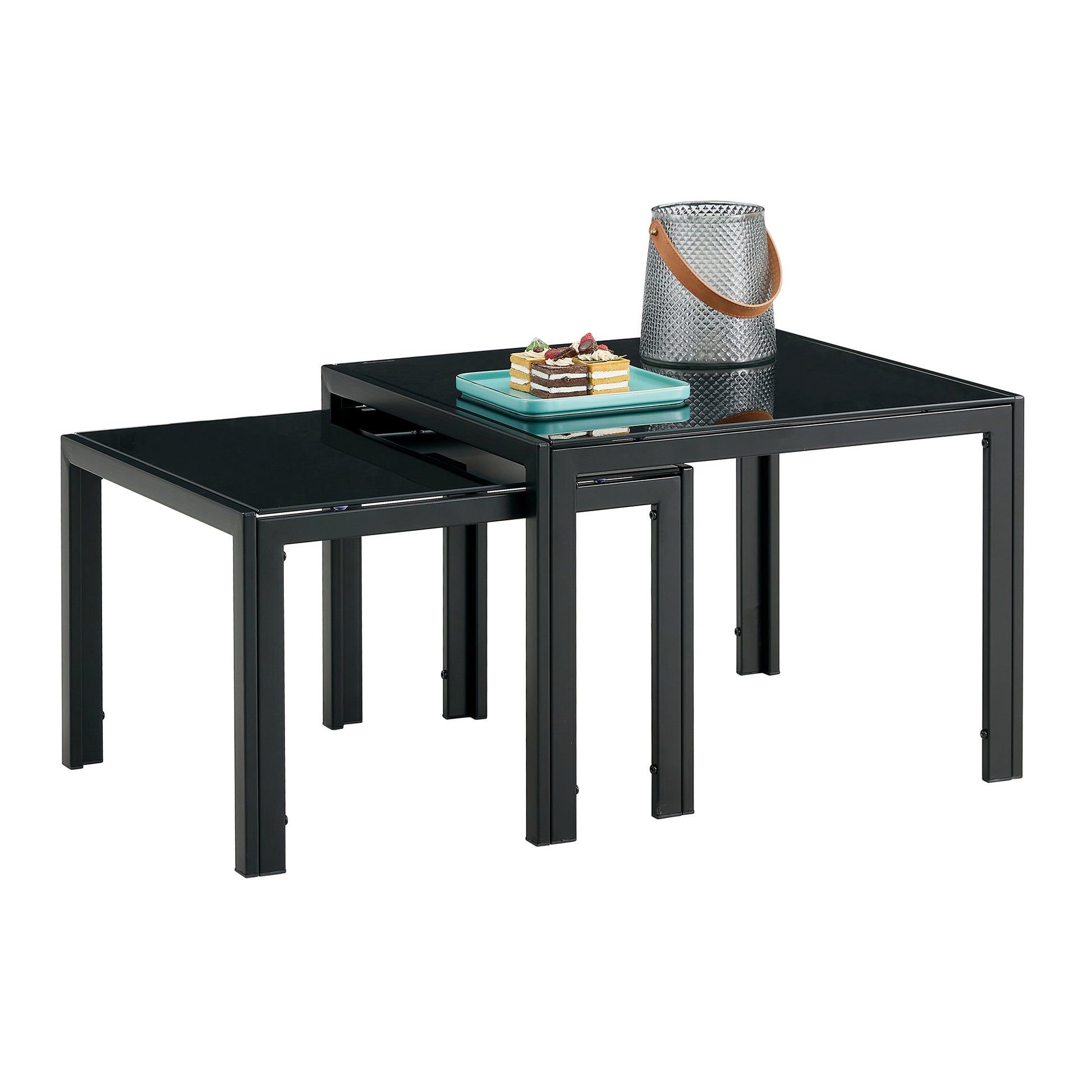 Nesting Coffee Table Set Of 2, Square Modern Stacking Table With Tempered Glass Finish For Living Room,Black Black Glass