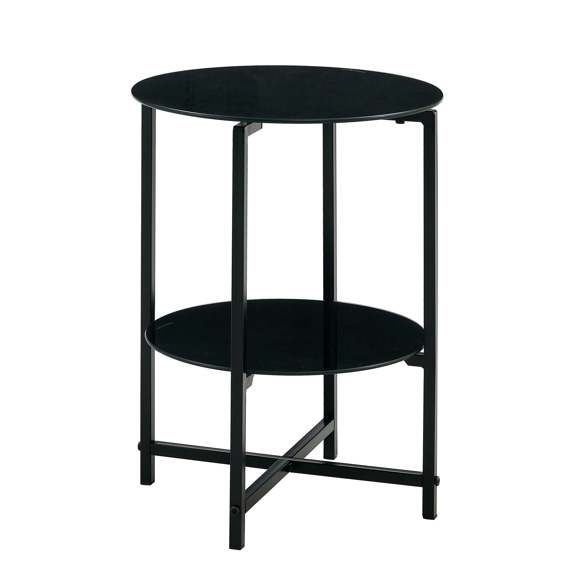 2 Piece Set Black Tempered Glass End Table, Round Coffee Table For Bedroom Living Room Office Black Glass