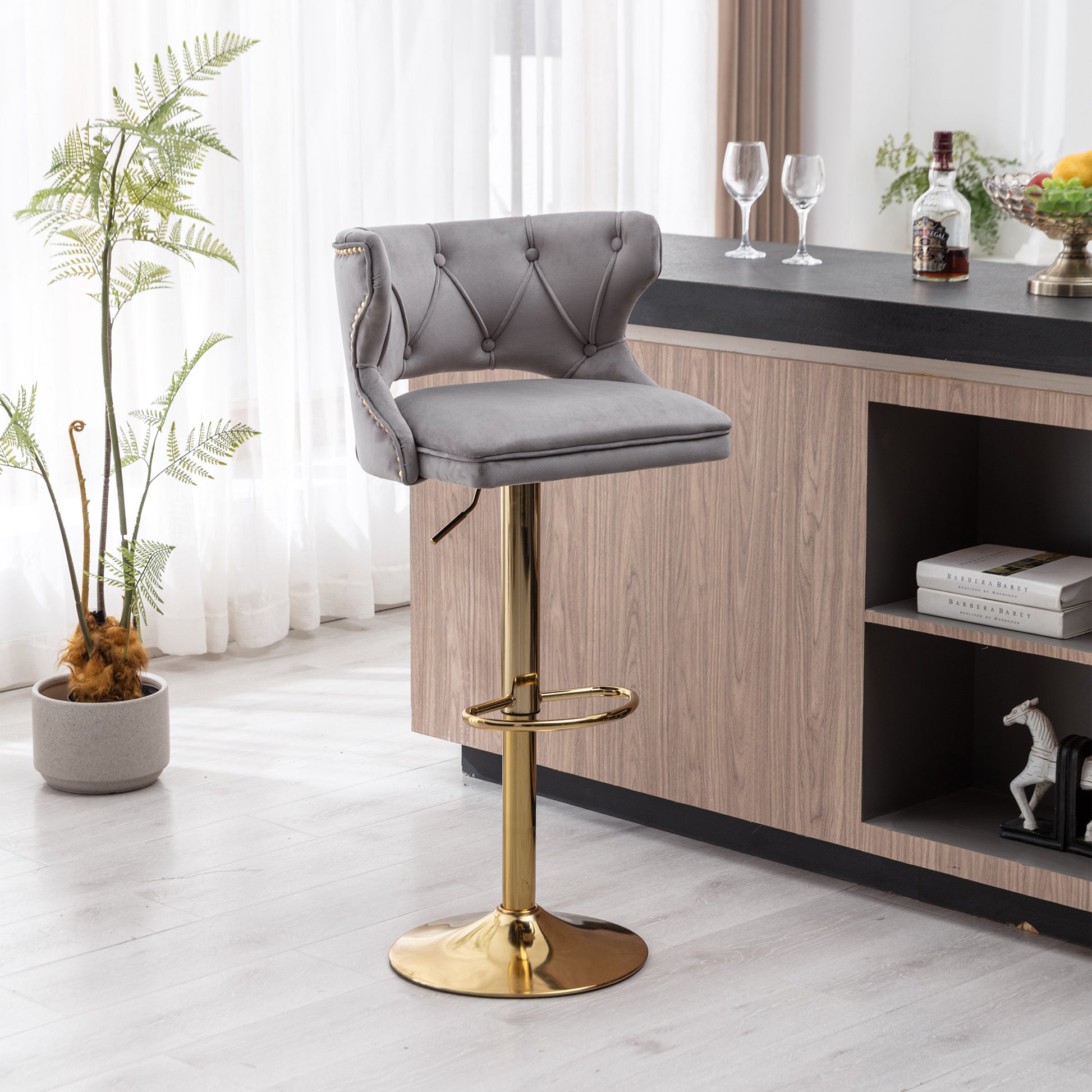 Bar Stools With Back And Footrest Counter Height Dining Chairs Velvet Grey 2Pcs Set Grey Upholstered