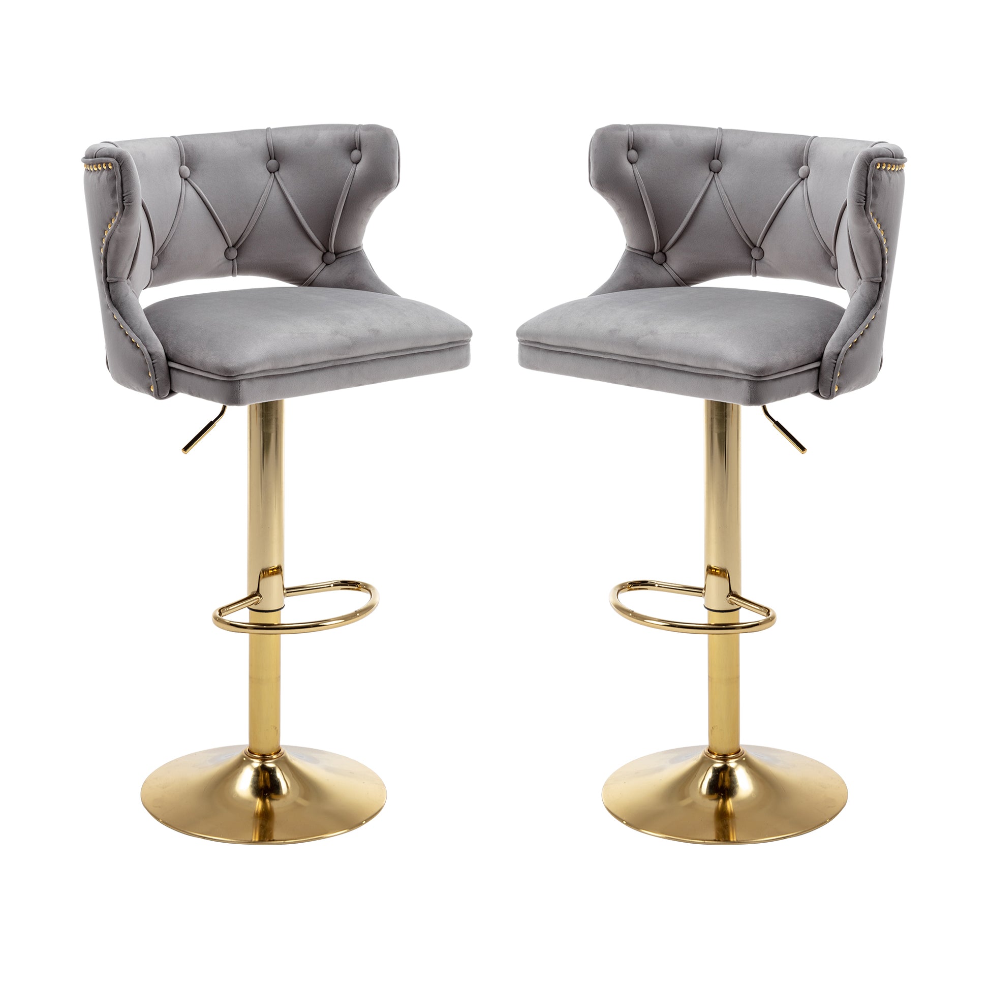 Bar Stools With Back And Footrest Counter Height Dining Chairs Velvet Grey 2Pcs Set Grey Upholstered