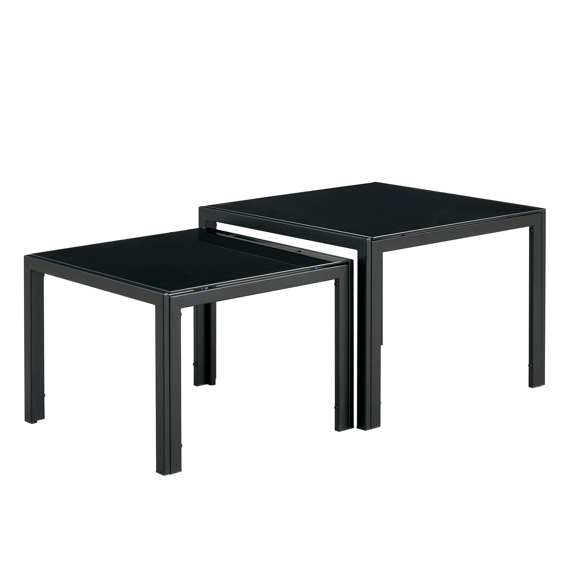 Nesting Coffee Table Set Of 2, Square Modern Stacking Table With Tempered Glass Finish For Living Room,Black Black Glass