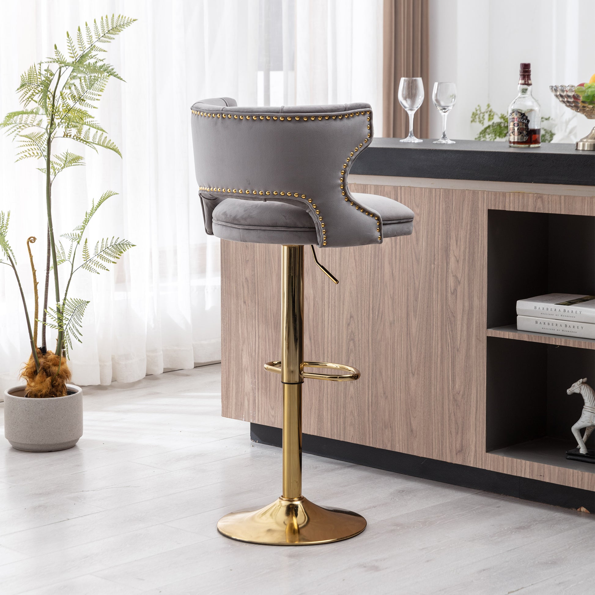 Bar Stools With Back And Footrest Counter Height Dining Chairs Velvet Grey 2Pcs Set Grey Upholstered