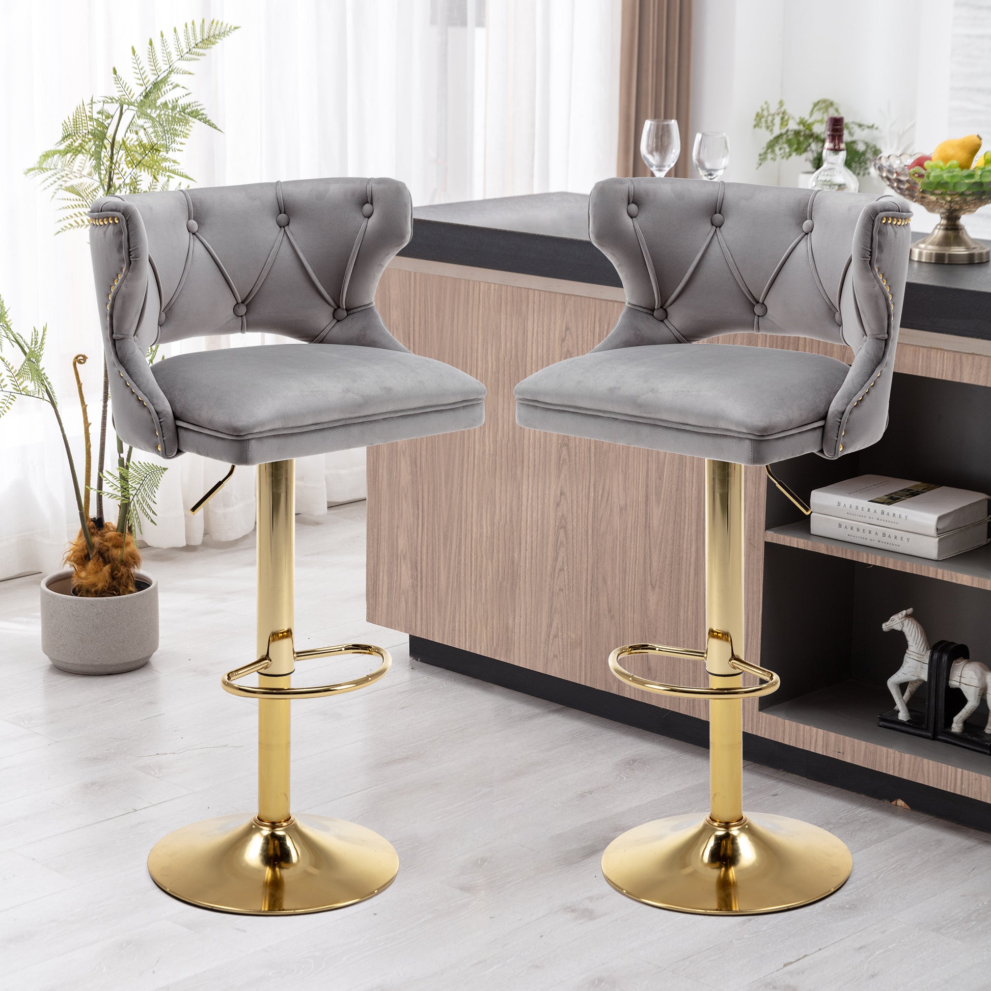 Bar Stools With Back And Footrest Counter Height Dining Chairs Velvet Grey 2Pcs Set Grey Upholstered