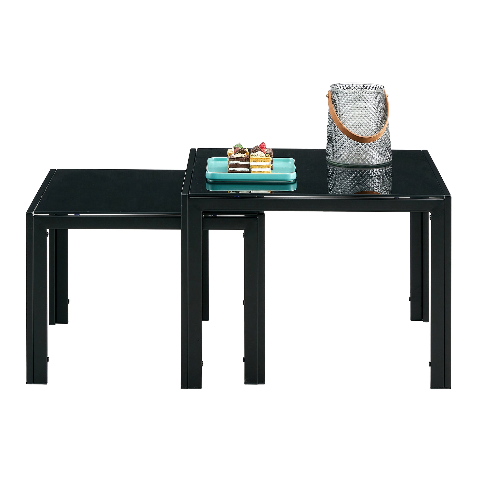 Nesting Coffee Table Set Of 2, Square Modern Stacking Table With Tempered Glass Finish For Living Room,Black Black Glass
