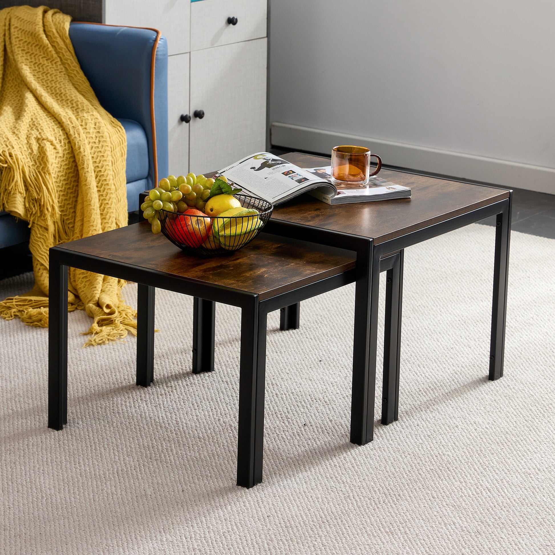 Nesting Coffee Table Set Of 2, Square Modern Stacking Table With Wood Finish For Living Room,Rustic Brown Rustic Brown Mdf