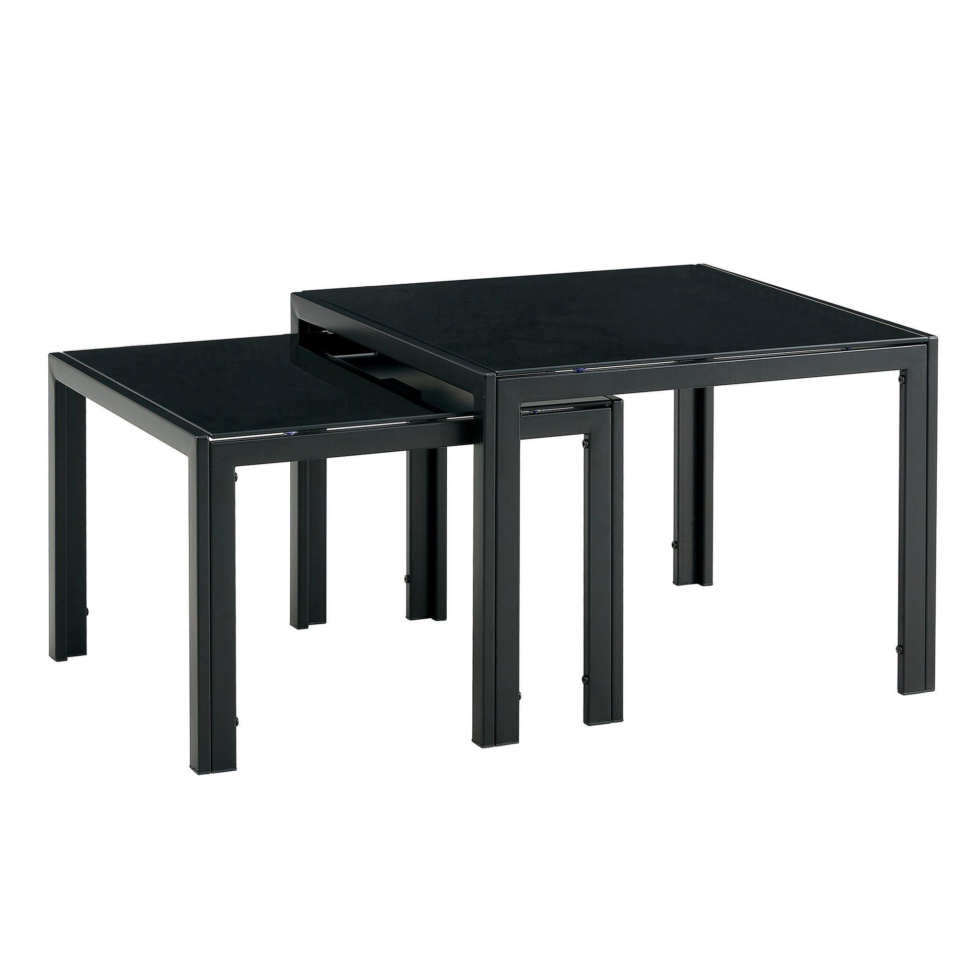 Nesting Coffee Table Set Of 2, Square Modern Stacking Table With Tempered Glass Finish For Living Room,Black Black Glass