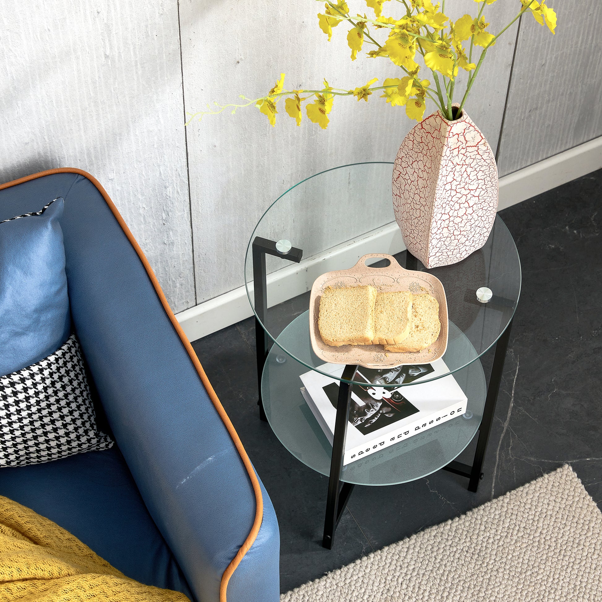 2 Piece Set Clear Tempered Glass End Table, Round Coffee Table For Bedroom Living Room Office Transparent Glass