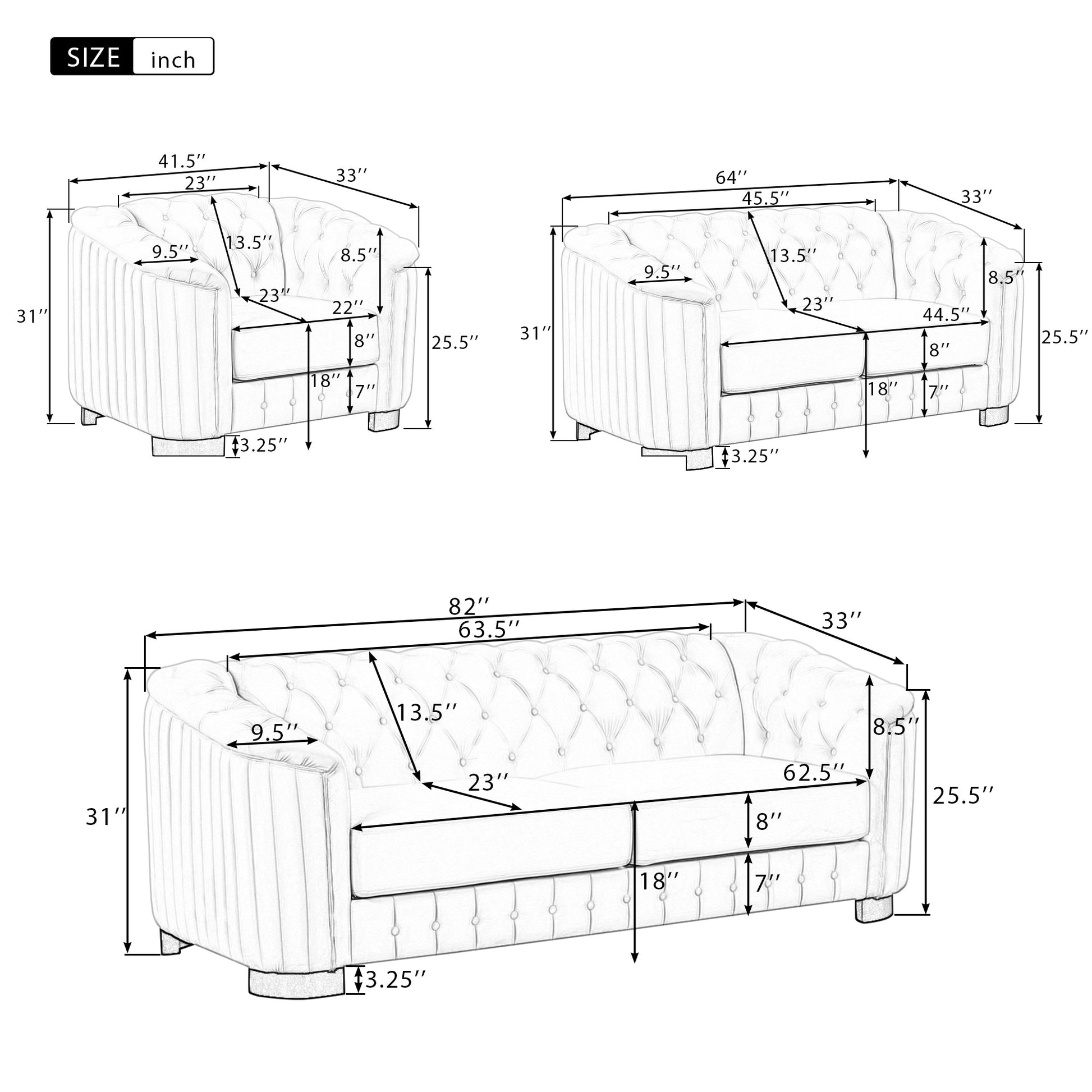 Modern 3 Piece Sofa Sets With Rubber Wood Legs,Velvet Upholstered Couches Sets Including Three Seat Sofa, Loveseat And Single Chair For Living Room Furniture Set,Gray Gray Foam Velvet