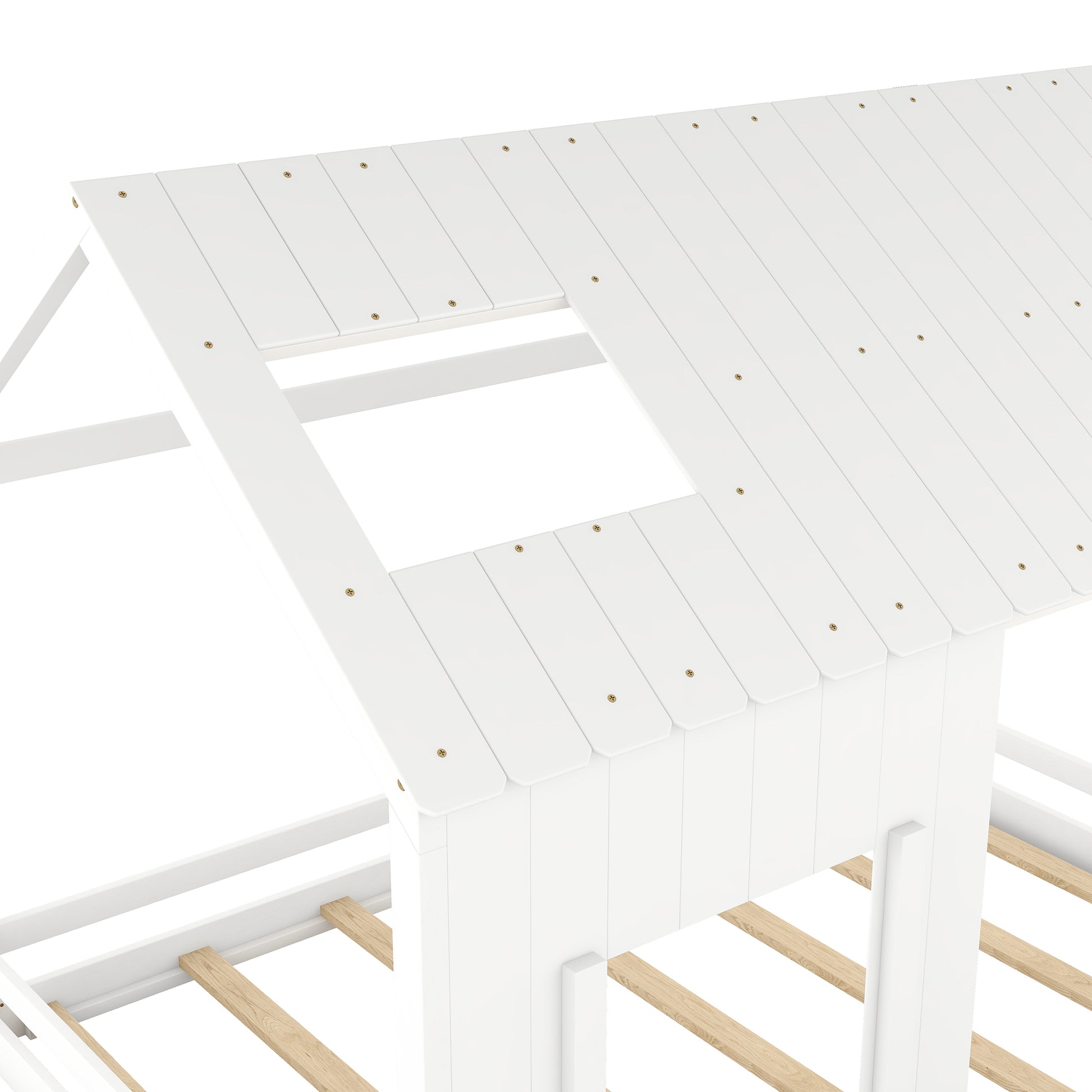 Full Size House Bed With Roof And Window White White Mdf