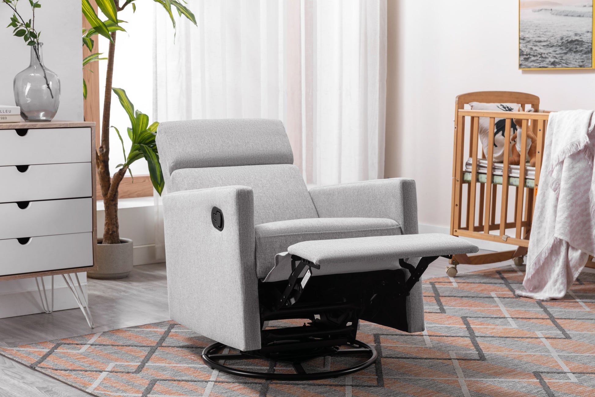 Modern Upholstered Rocker Nursery Chair Plush Seating Glider Swivel Recliner Chair, Gray Gray Linen