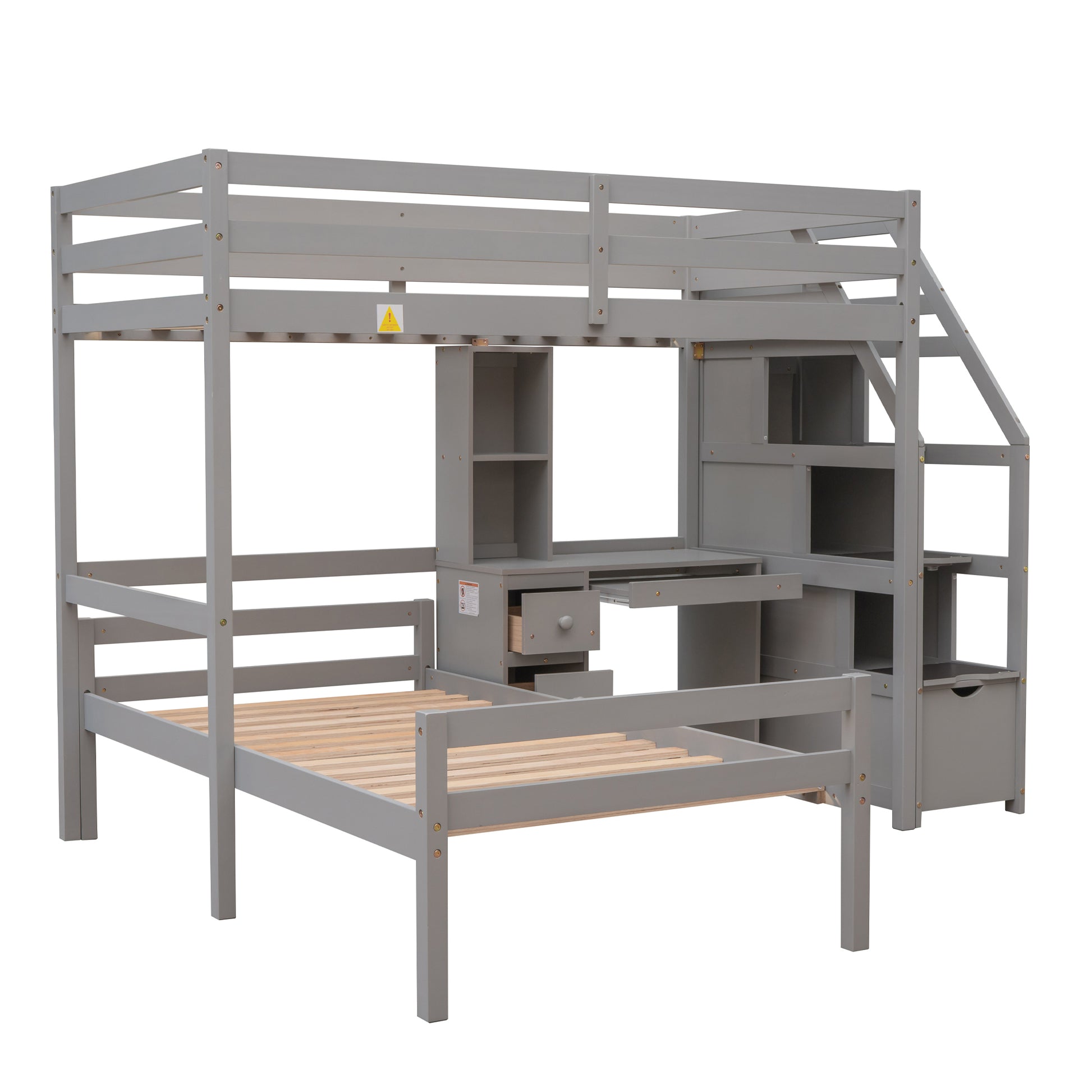 Twin Size Loft Bed With A Stand Alone Bed, Storage Staircase, Desk, Shelves And Drawers, Gray Gray Pine