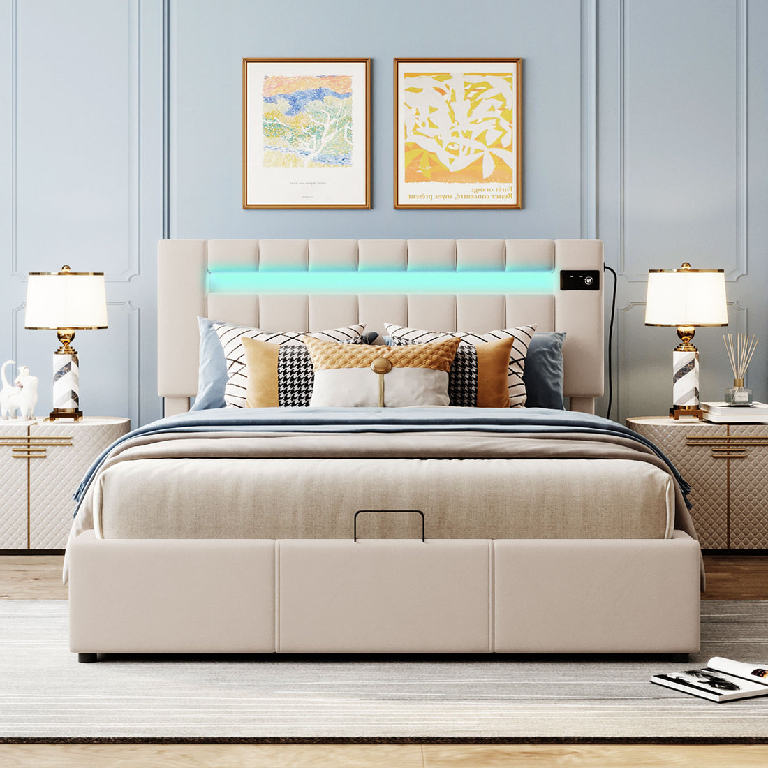 Upholstered Bed Queen Size With Led Light, Bluetooth Player And Usb Charging, Hydraulic Storage Bed In Beige Velvet Fabric Beige Foam Upholstered