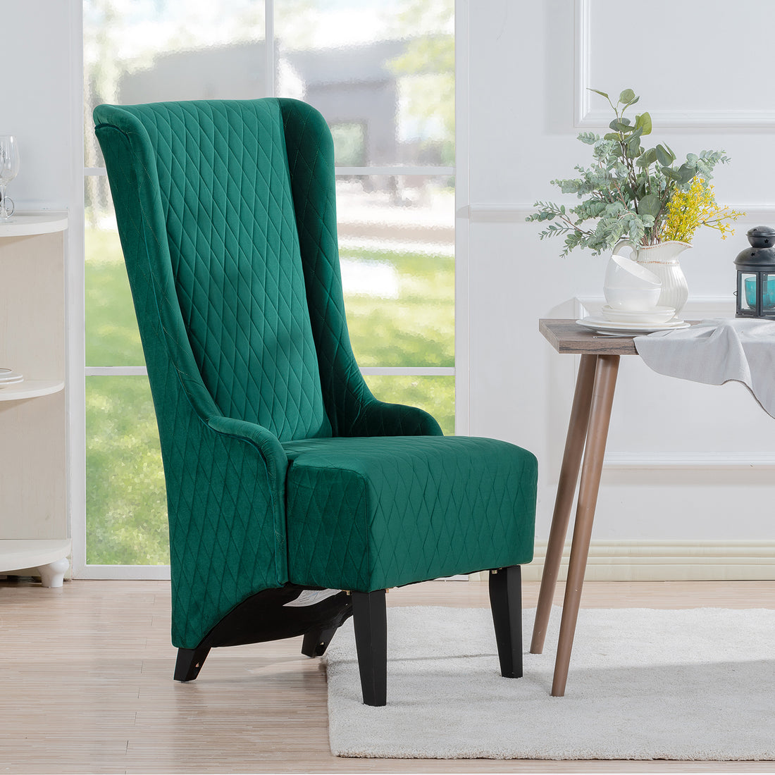 23.03" Wide High Back Velvet Accent Chair, Comfy High Wingback Chair, Living Room Chair With Soft Padded & Wooden Legs, Modern Side Chair For Living Room, Bedroom, Green Retro Green Fabric