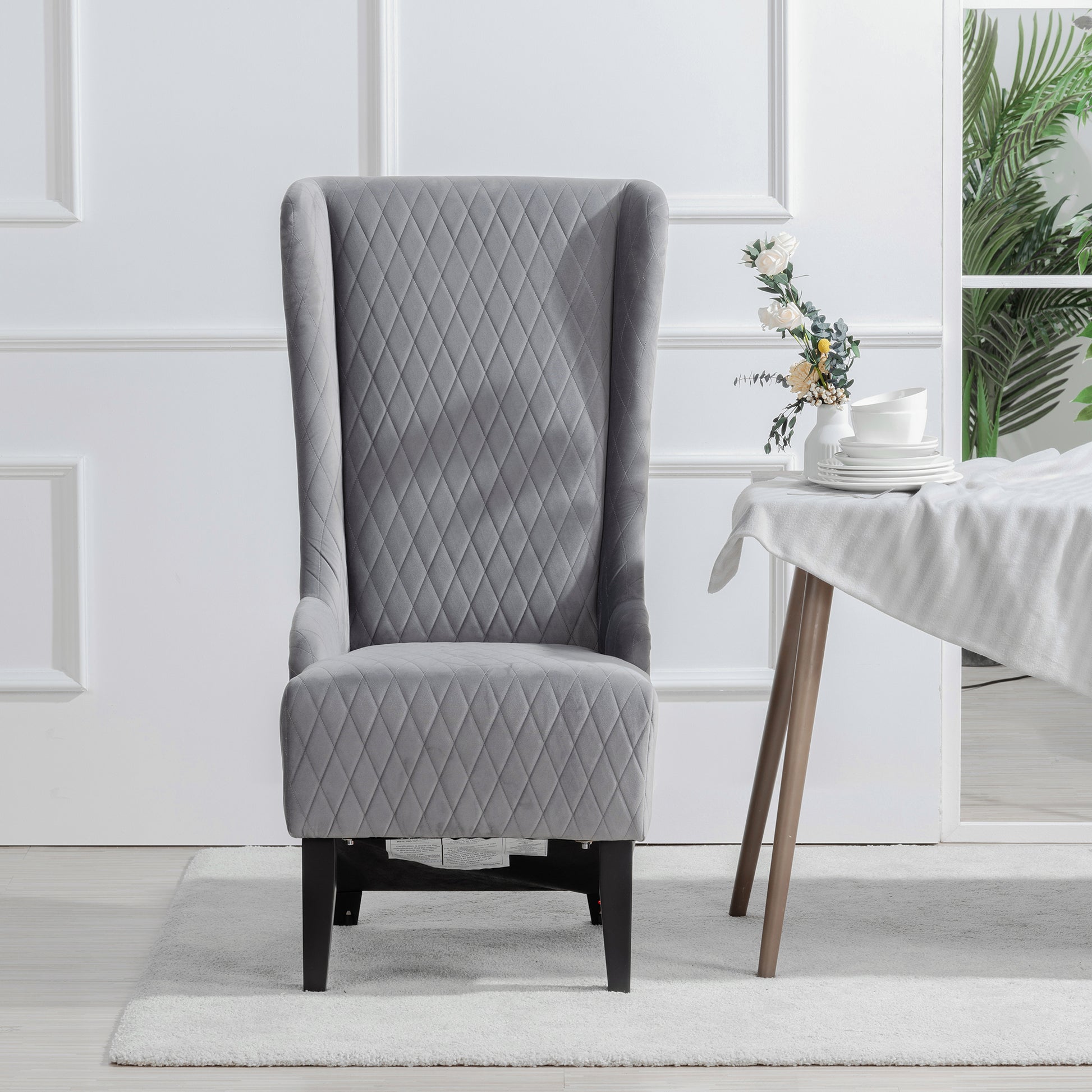 23.03" Wide High Back Velvet Accent Chair, Comfy High Wingback Chair, Living Room Chair With Soft Padded & Wooden Legs, Modern Side Chair For Living Room, Bedroom, Grey Gray Fabric