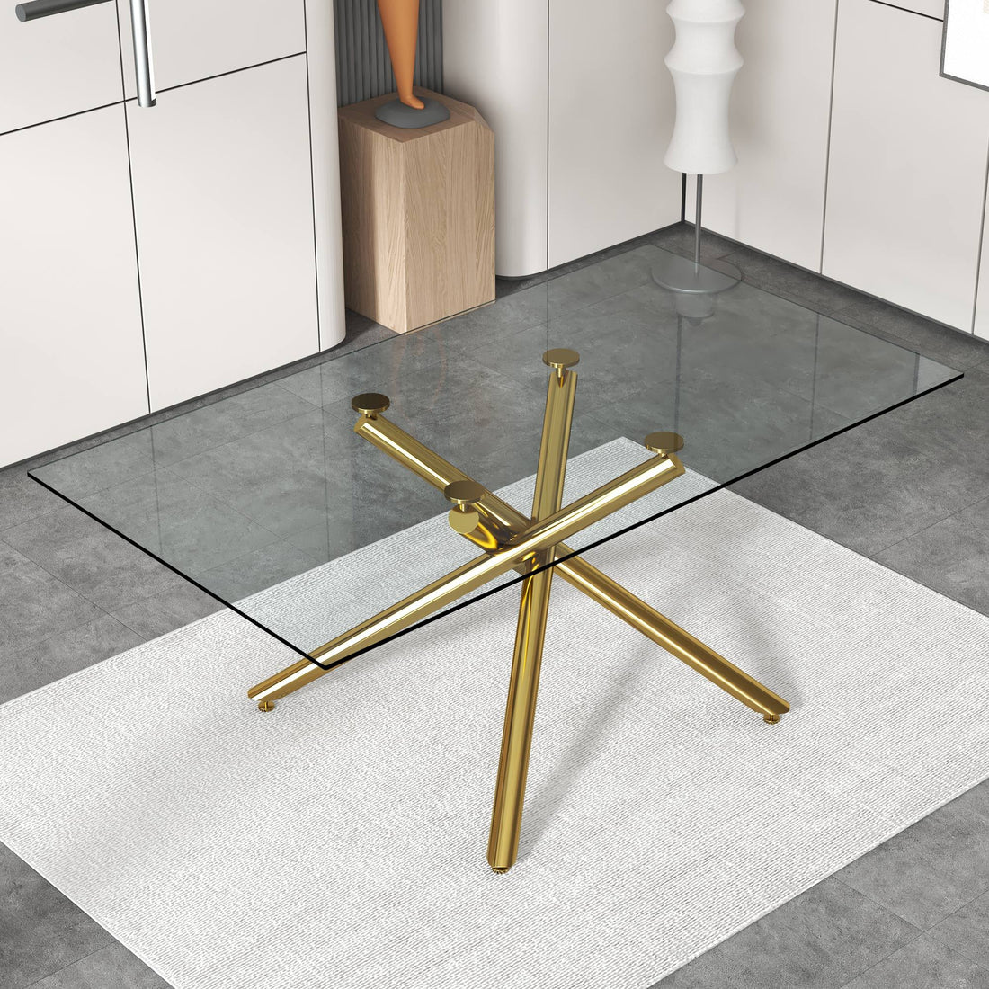 Large Modern Simple Rectangular Glass Dining Table For 4 8 People With 0.39" Tempered Glass Top And Golden Metal Legs For Kitchen, Dining Room, Living Room, Meeting Room, Banquet Hall Golden Glass