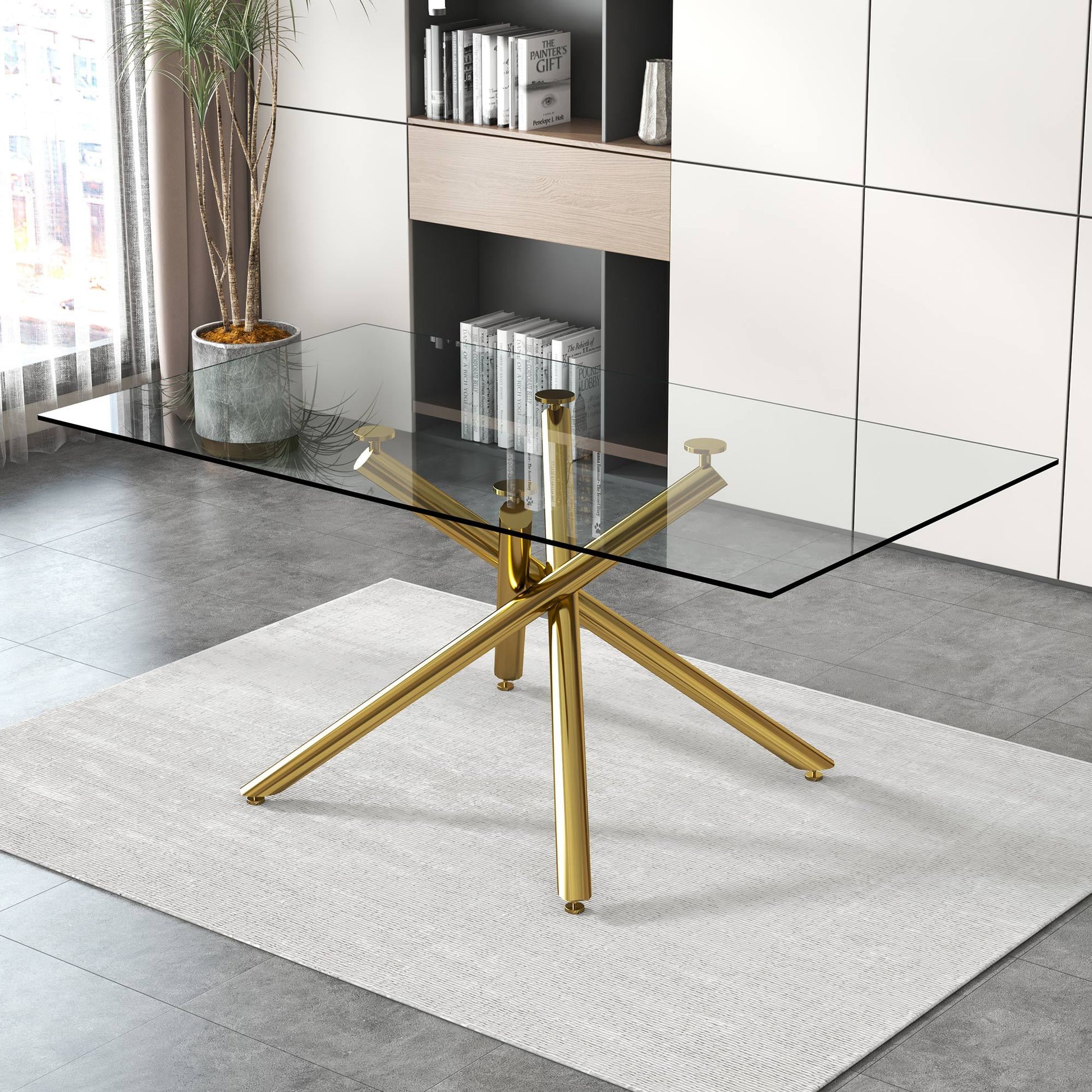 Large Modern Simple Rectangular Glass Dining Table For 4 8 People With 0.39" Tempered Glass Top And Golden Metal Legs For Kitchen, Dining Room, Living Room, Meeting Room, Banquet Hall Golden Glass