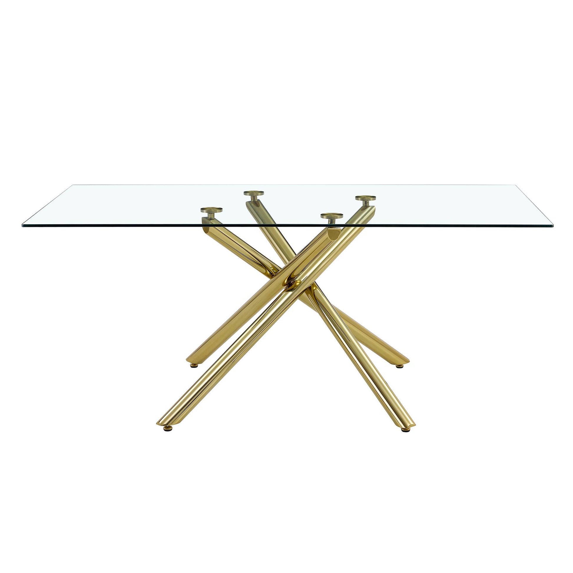 Large Modern Simple Rectangular Glass Dining Table For 4 8 People With 0.39" Tempered Glass Top And Golden Metal Legs For Kitchen, Dining Room, Living Room, Meeting Room, Banquet Hall Golden Glass