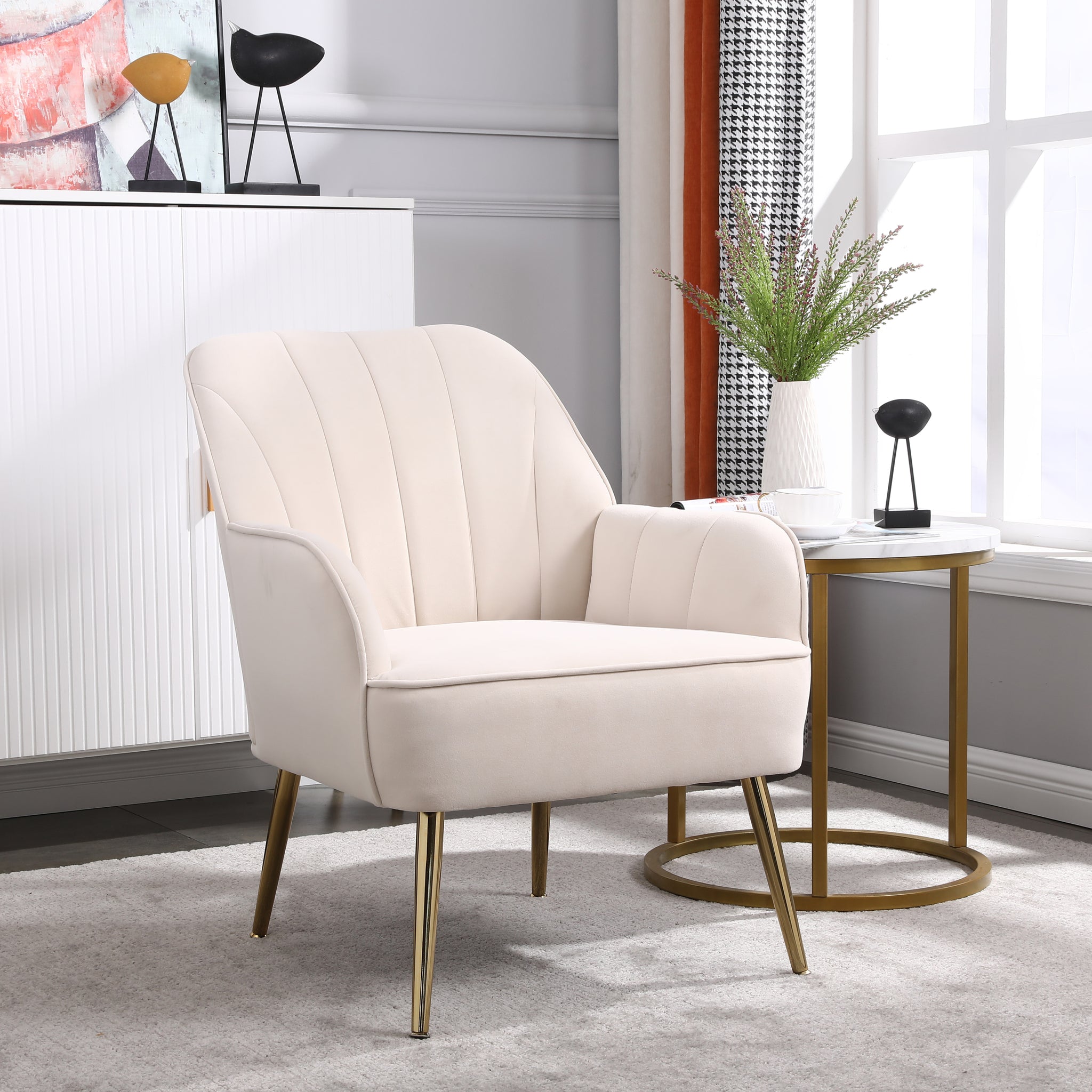 Modern Mid Century Chair Velvet Sherpa Armchair For Living Room Bedroom Office Easy Assemble Beige Beige Foam Velvet