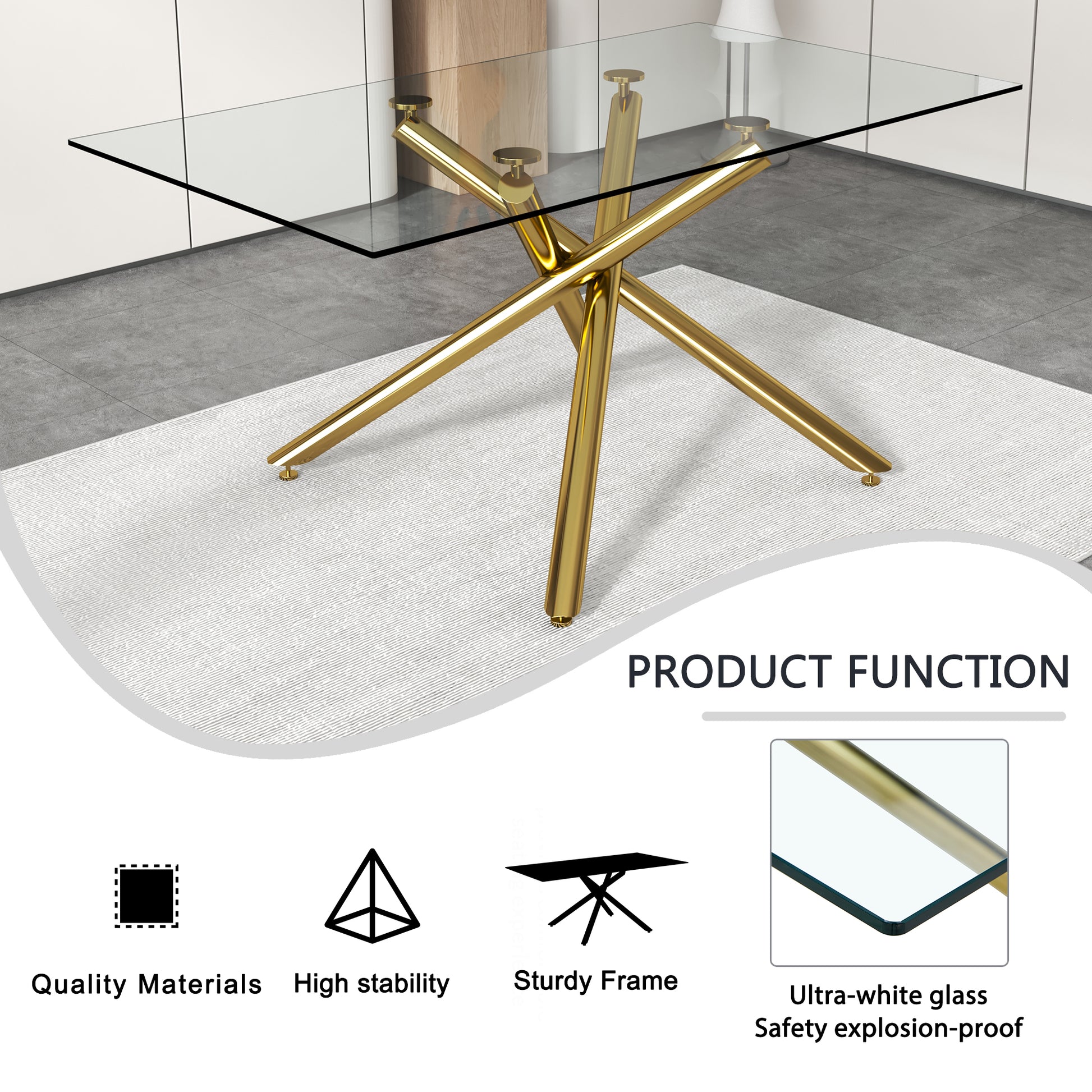 Large Modern Minimalist Rectangular Glass Dining Table With 6 8 People With 0.39" Tempered Glass Top And Gold Metal Legs For Kitchen, Dining Room, Living Room, Meeting Room, Banquet Hall Golden Glass