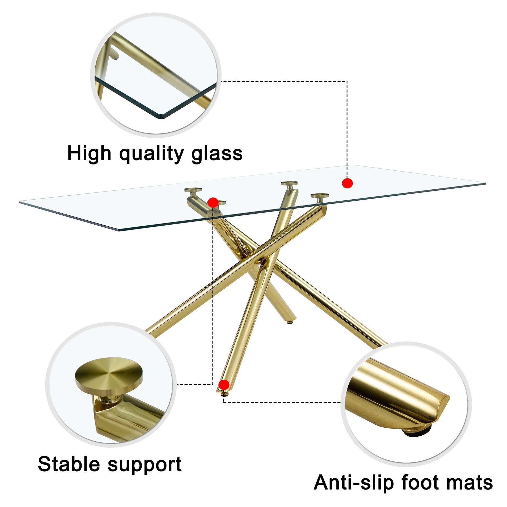 Large Modern Minimalist Rectangular Glass Dining Table With 6 8 People With 0.39" Tempered Glass Top And Gold Metal Legs For Kitchen, Dining Room, Living Room, Meeting Room, Banquet Hall Golden Glass