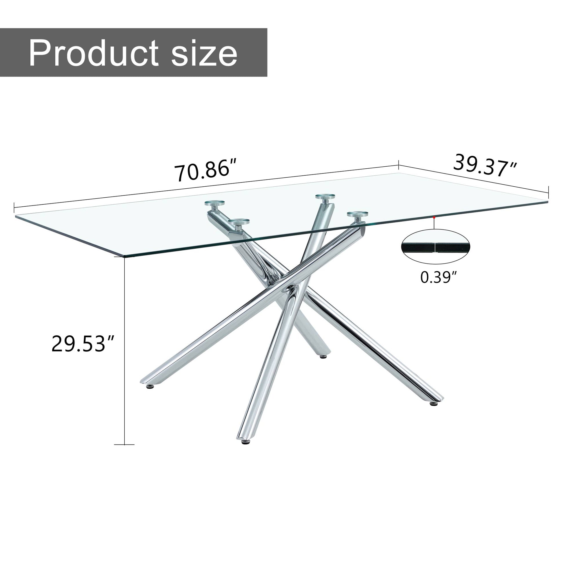 Large Modern Minimalist Rectangular Glass Dining Table For 6 8 With 0.39" Tempered Glass Tabletop And Silver Chrome Metal Legs, For Kitchen Dining Living Meeting Room Banquet Hall, 71''X39''X29''1537 Silver Glass