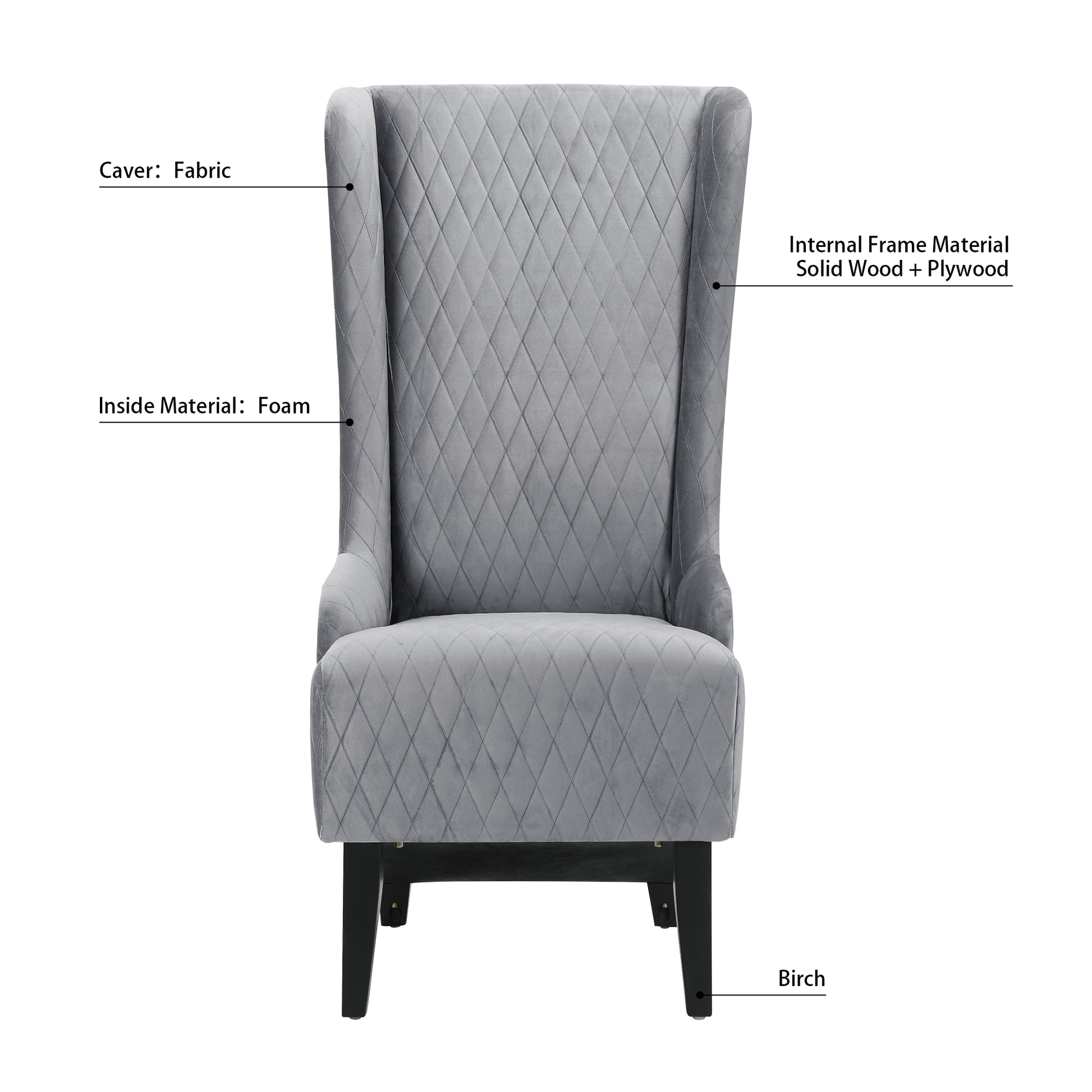 23.03" Wide High Back Velvet Accent Chair, Comfy High Wingback Chair, Living Room Chair With Soft Padded & Wooden Legs, Modern Side Chair For Living Room, Bedroom, Grey Gray Fabric