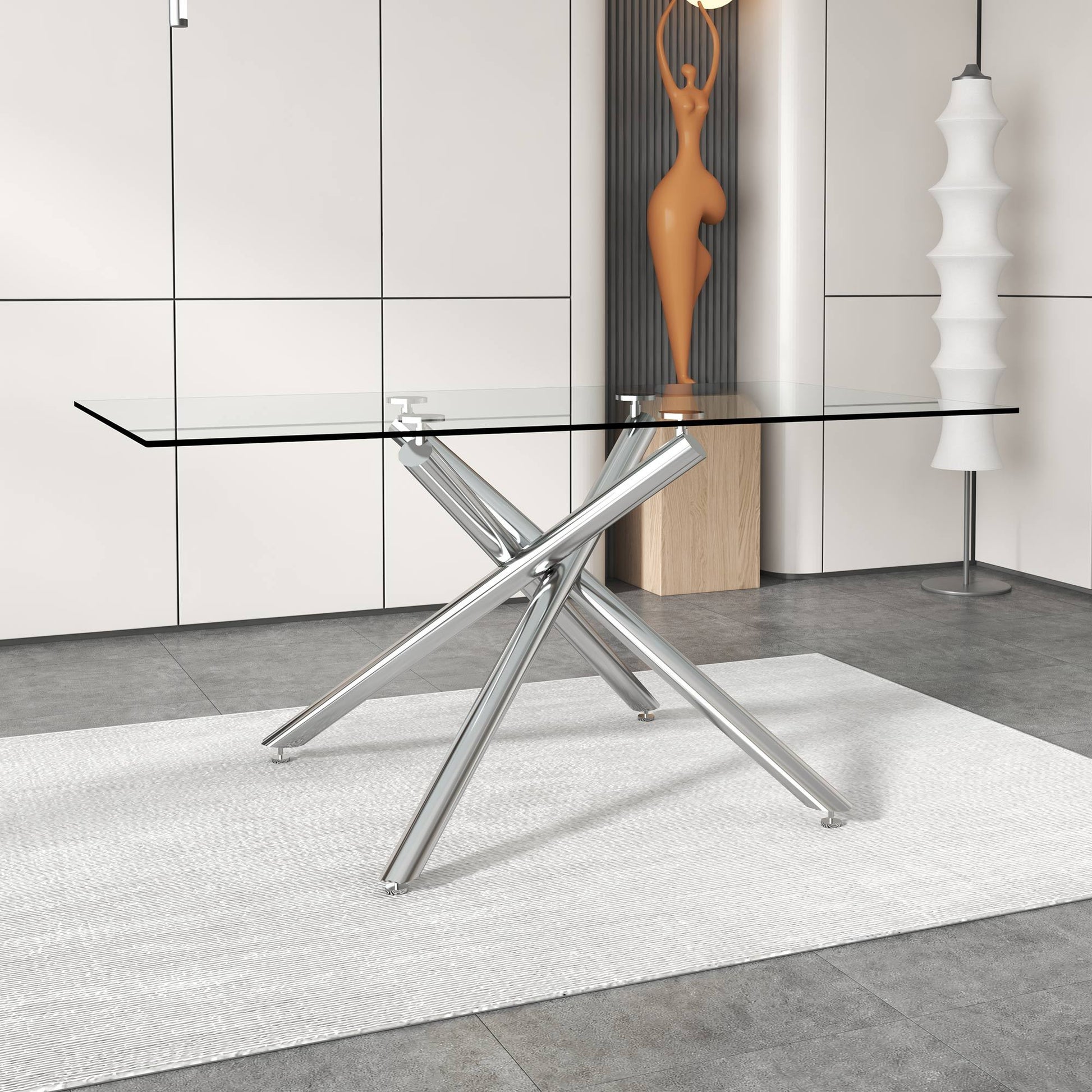 Large Modern Minimalist Rectangular Glass Dining Table For 6 8 With 0.39" Tempered Glass Tabletop And Silver Chrome Metal Legs, For Kitchen Dining Living Meeting Room Banquet Hall,63''X35''X 29''1537 Silver Glass
