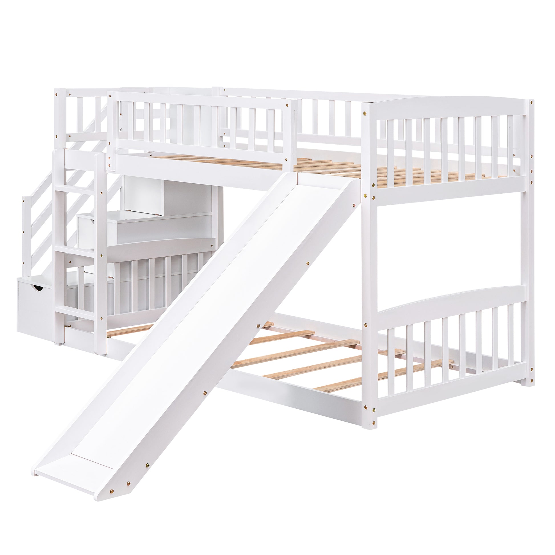 Stairway Twin Over Twin Bunk Bed With Two Drawers And Slide, White Old Sku :Lt000155Aak White Solid Wood
